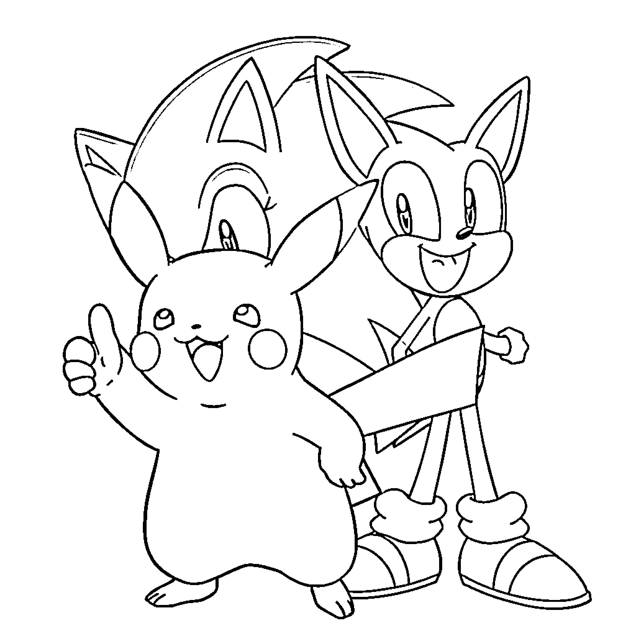 Pikachu and Sonic the Hedgehog having fun together Coloring Page (free black-and-white line drawing printable PDF for all, from beginners to advanced learners, including children, teens, adults, and seniors)