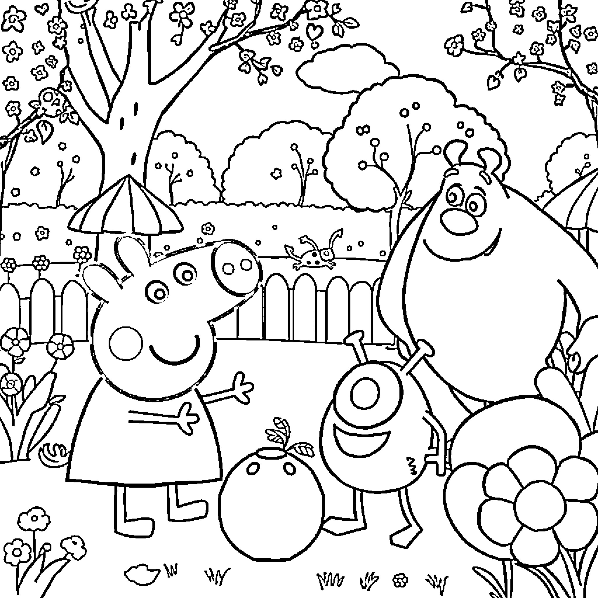 Peppa Pig and friends exploring the colorful garden Coloring Page (free black-and-white line drawing printable PDF for all, from beginners to advanced learners, including children, teens, adults, and seniors)