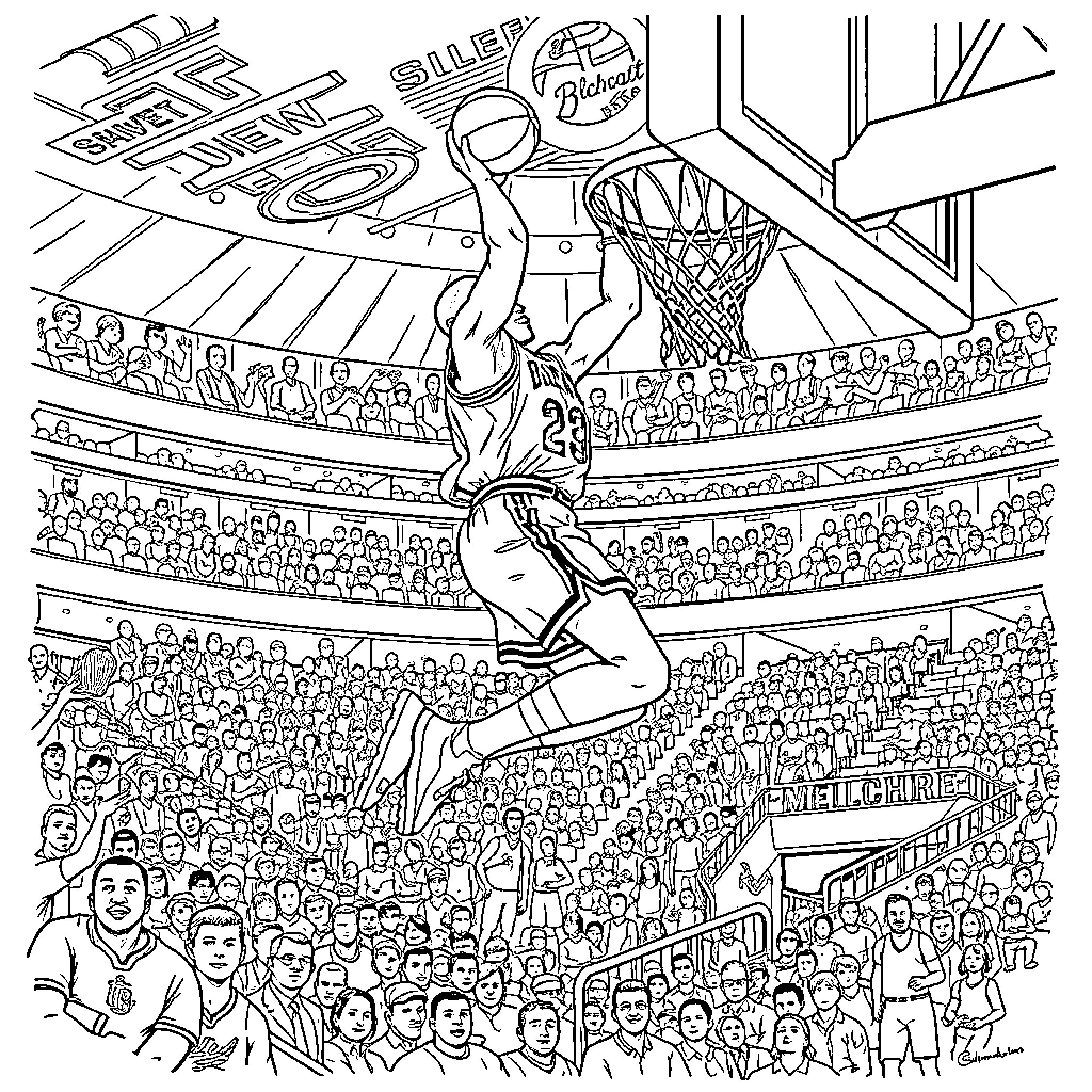 Michael Jordan Dunking at Basketball Stadium Coloring Page (free black-and-white line drawing printable PDF for all, from beginners to advanced learners, including children, teens, adults, and seniors)