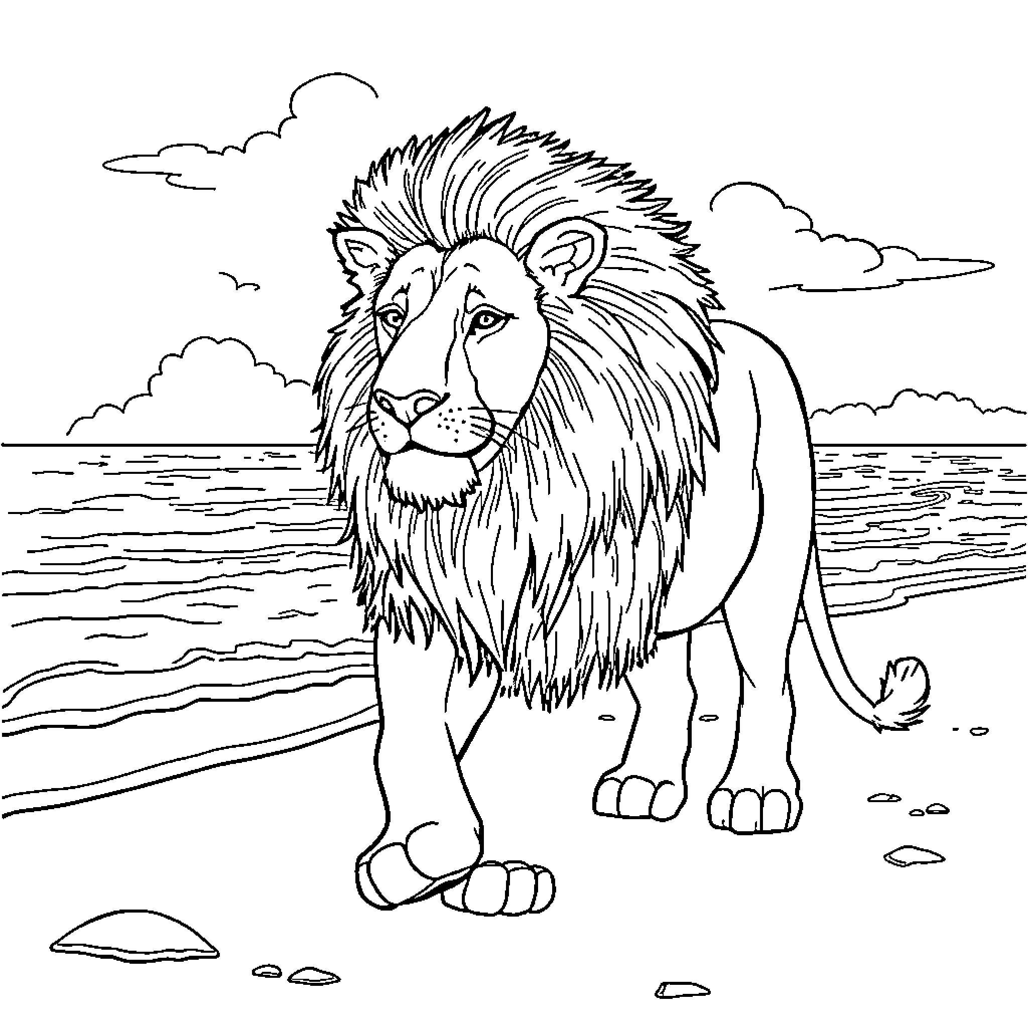 Lion standing majestically on the beach Coloring Page (free black-and-white line drawing printable PDF for all, from beginners to advanced learners, including children, teens, adults, and seniors)