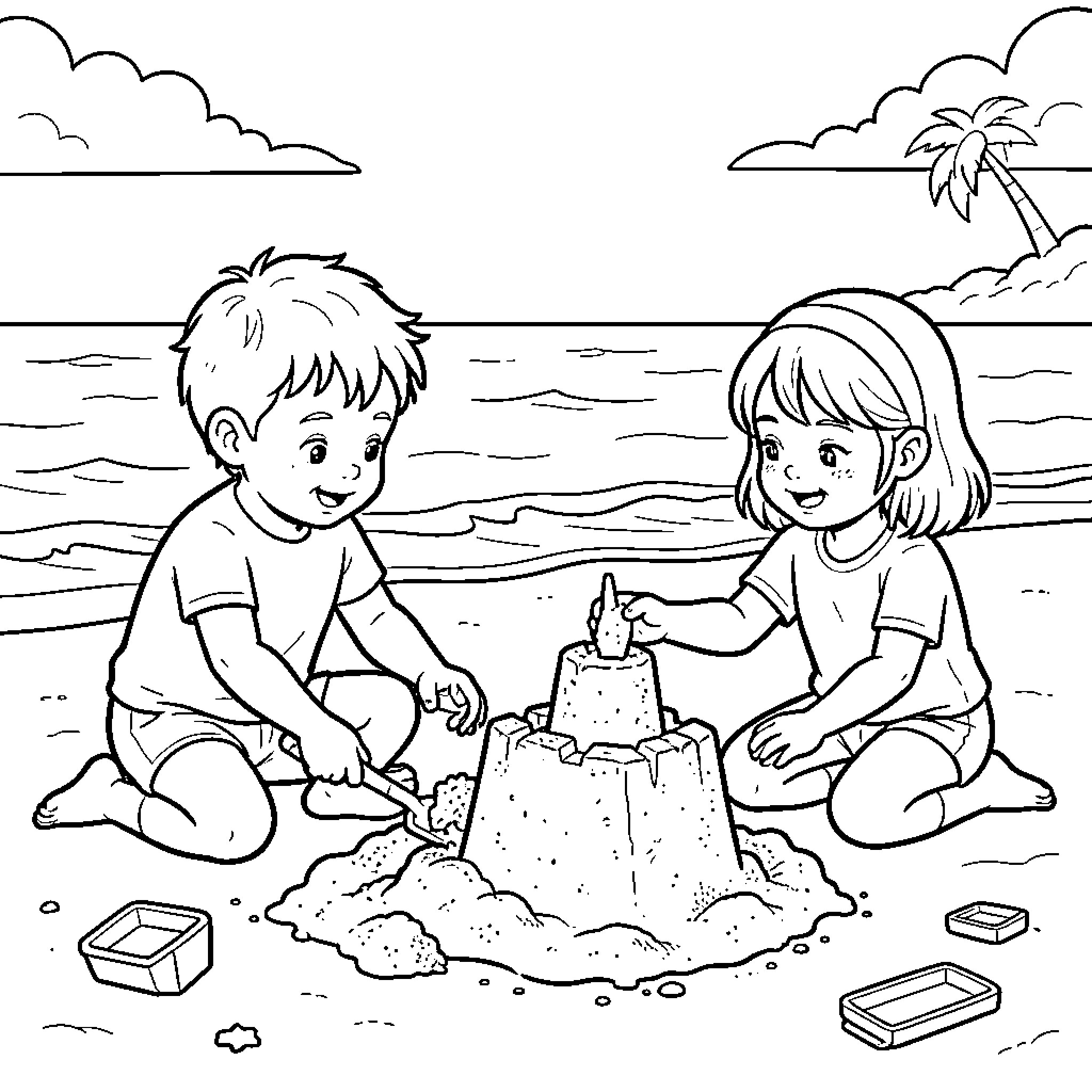 Child building a large sandcastle on the beach Coloring Page (free black-and-white line drawing printable PDF for all, from beginners to advanced learners, including children, teens, adults, and seniors)