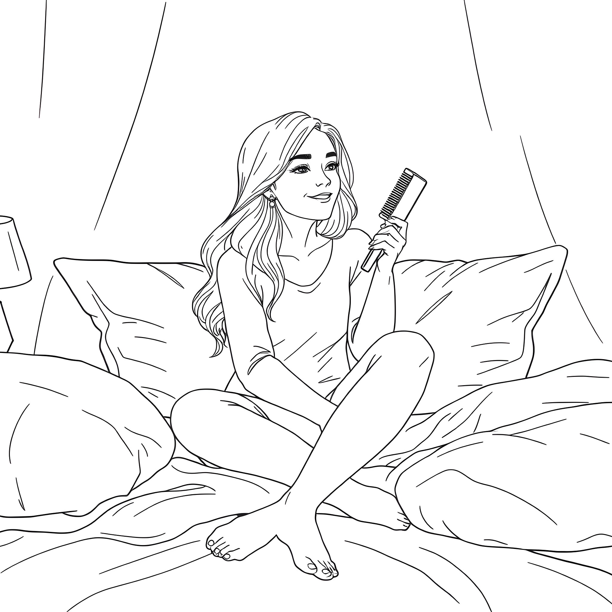 Woman brushing her hair while sitting on bed Coloring Page (free black-and-white line drawing printable PDF for all, from beginners to advanced learners, including children, teens, adults, and seniors)
