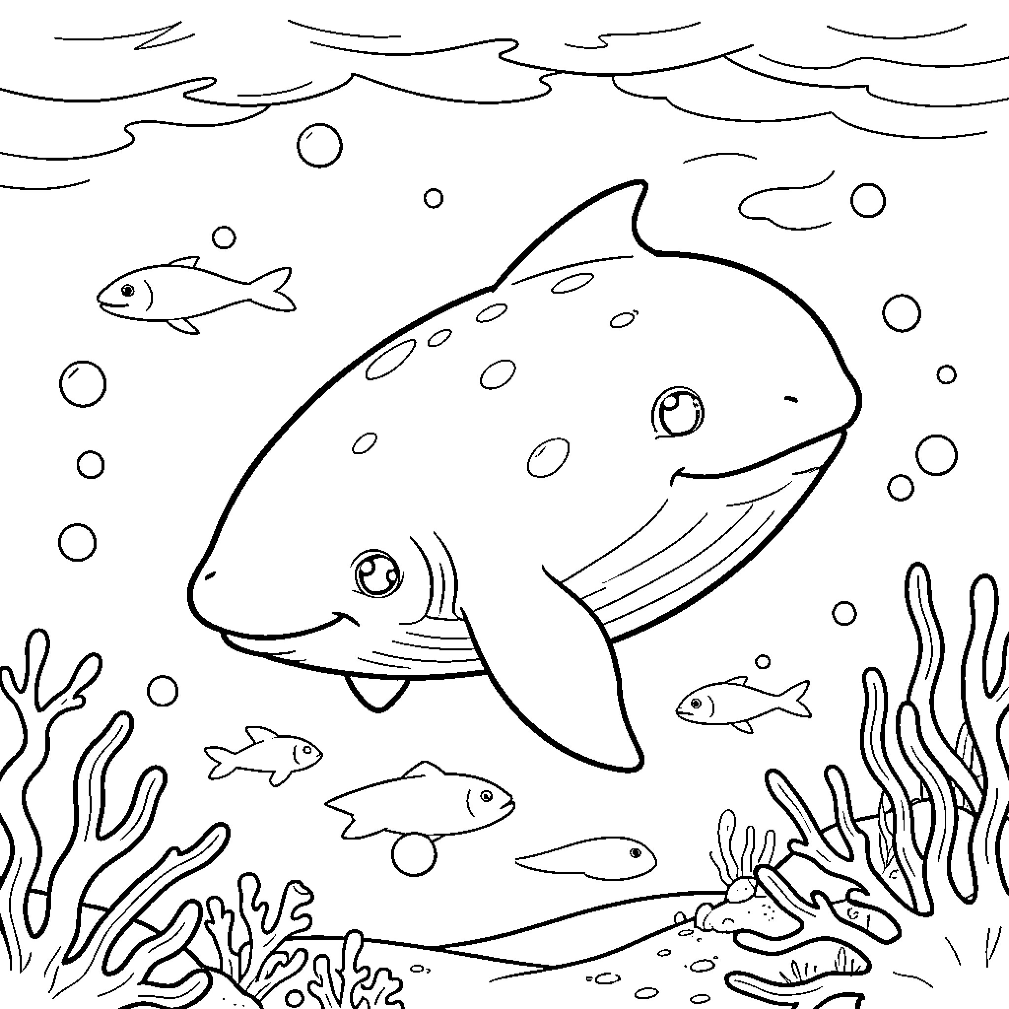 Sea Giraffe swimming peacefully among fish and coral Coloring Page (free black-and-white line drawing printable PDF for all, from beginners to advanced learners, including children, teens, adults, and seniors)