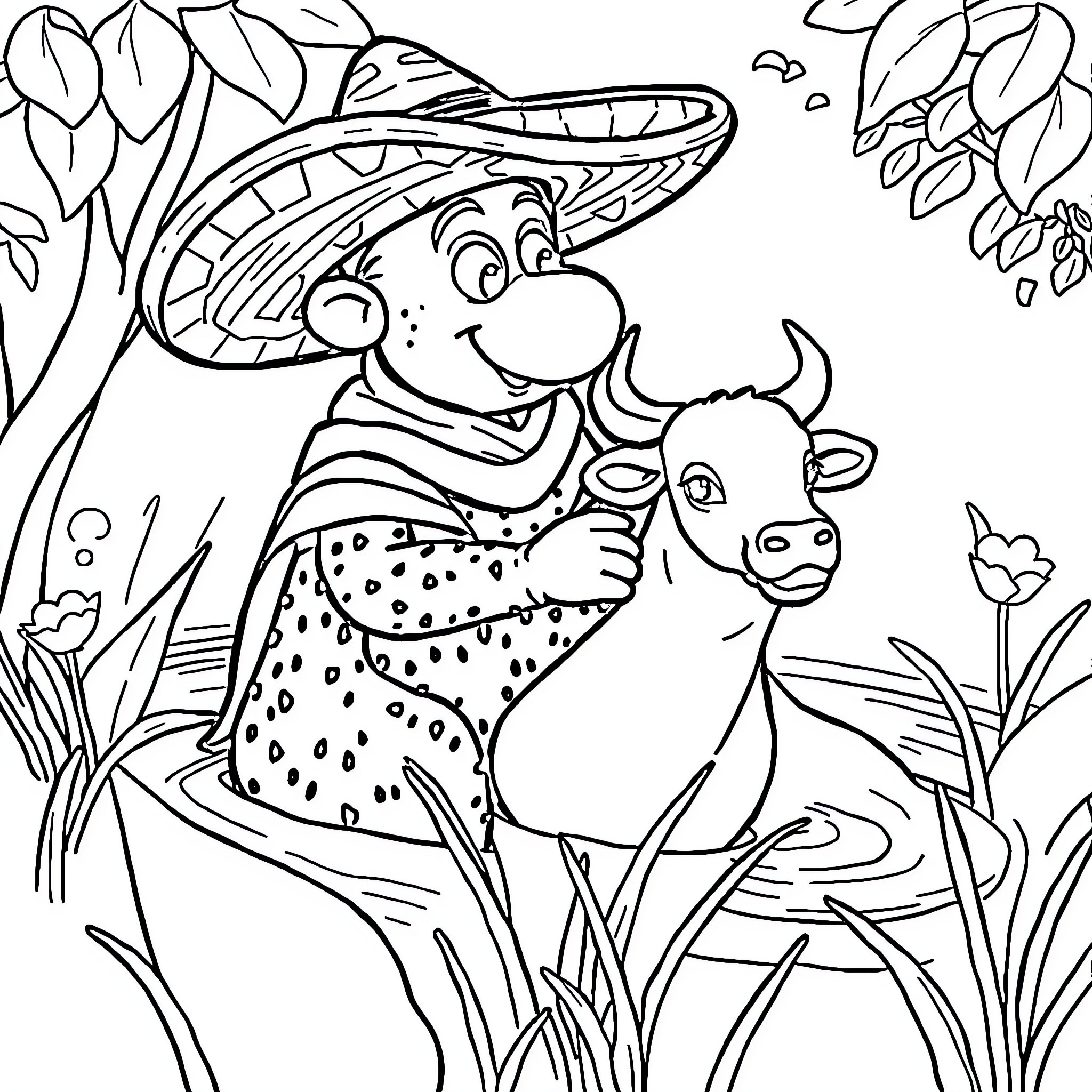 Smurf exploring the forest with spotted cow Coloring Page (free black-and-white line drawing printable PDF for all, from beginners to advanced learners, including children, teens, adults, and seniors)