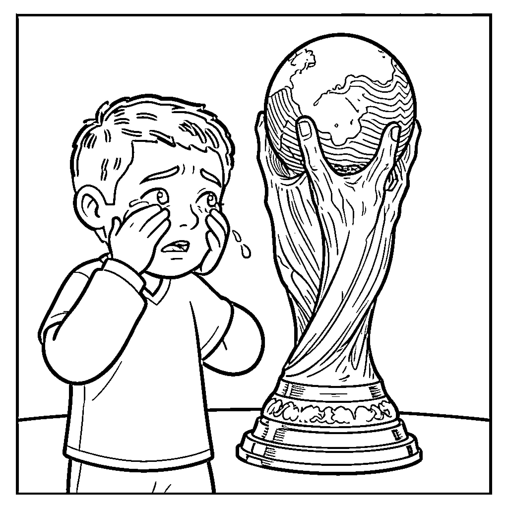 Hakimi crying while looking at a trophy Coloring Page (free black-and-white line drawing printable PDF for all, from beginners to advanced learners, including children, teens, adults, and seniors)