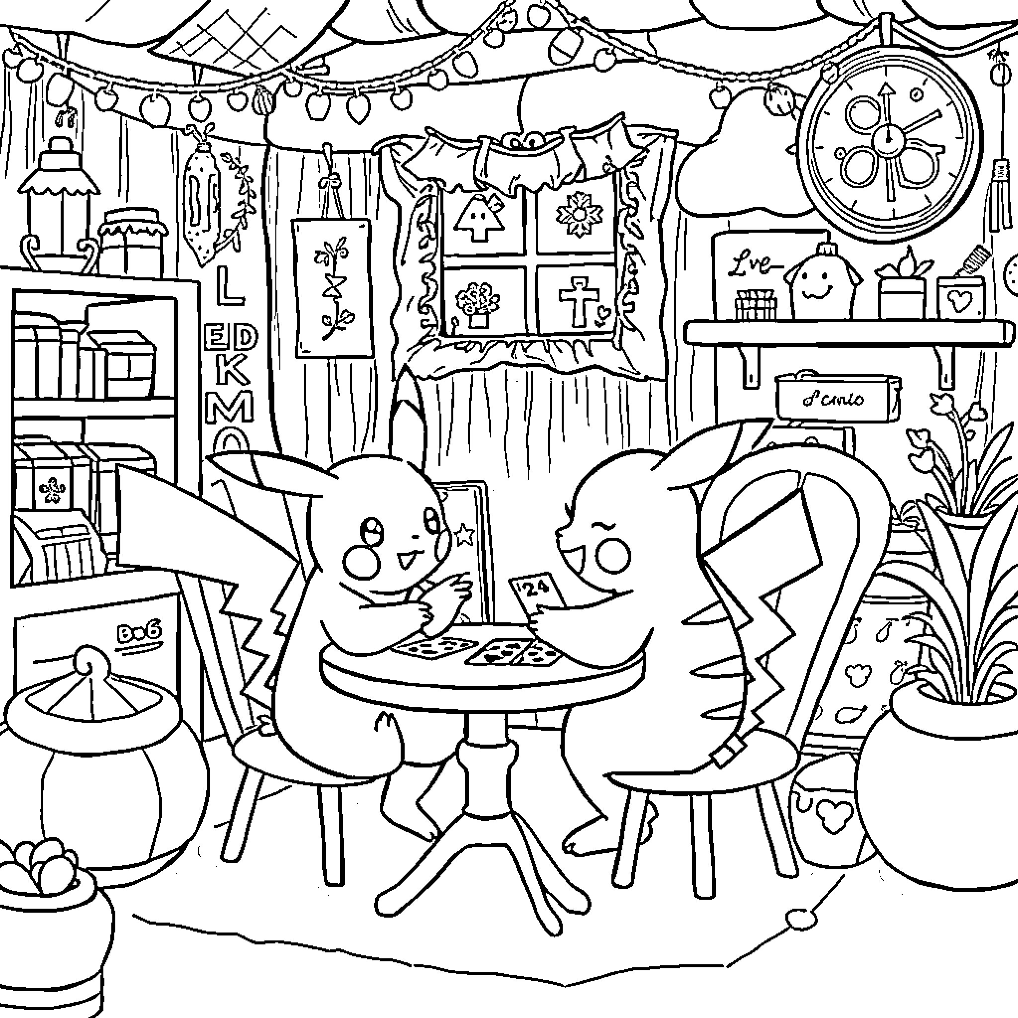 Pikachu enjoying a cozy Pokemon-themed gathering Coloring Page (free black-and-white line drawing printable PDF for all, from beginners to advanced learners, including children, teens, adults, and seniors)