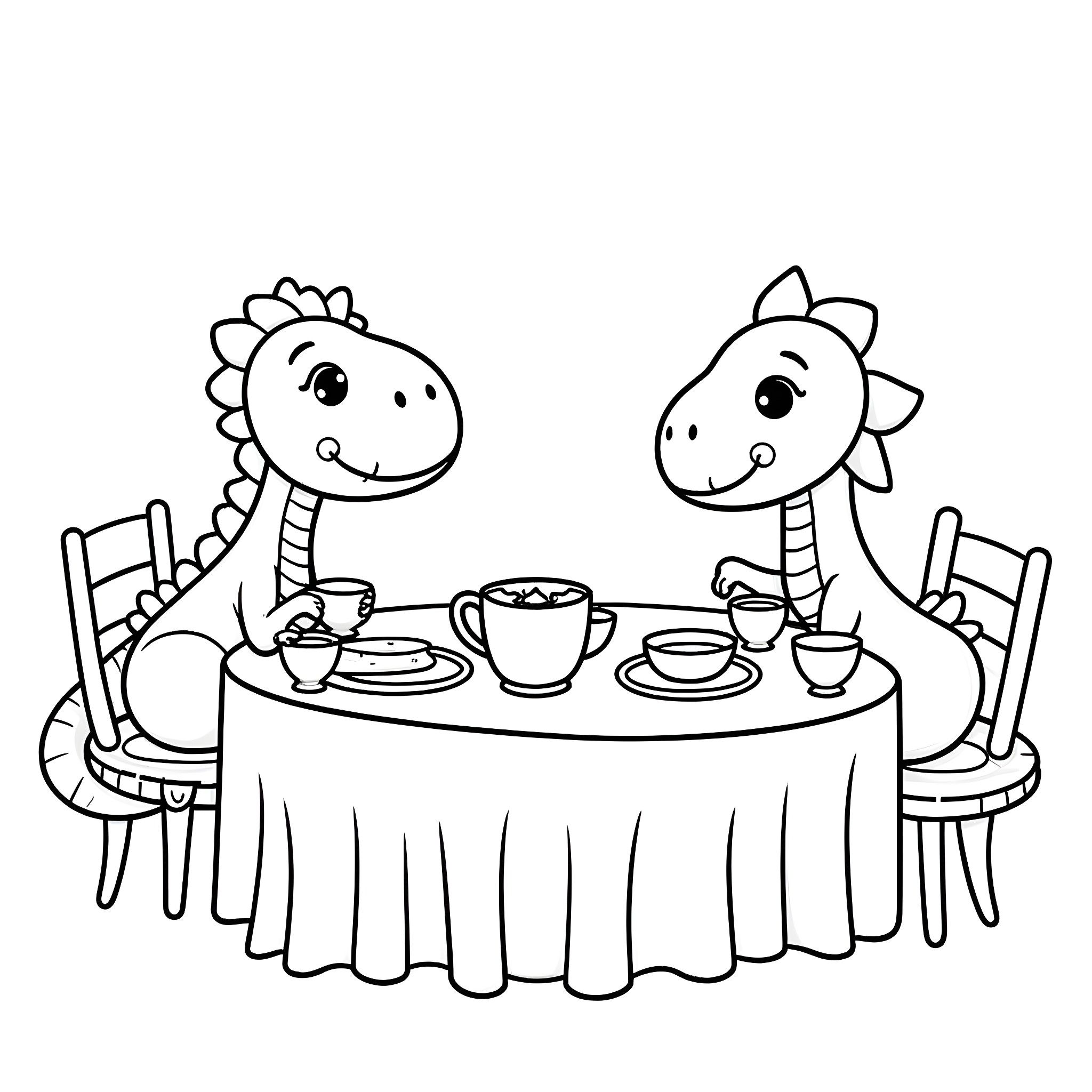 Dinosaurs enjoying a friendly tea party Coloring Page (free black-and-white line drawing printable PDF for all, from beginners to advanced learners, including children, teens, adults, and seniors)