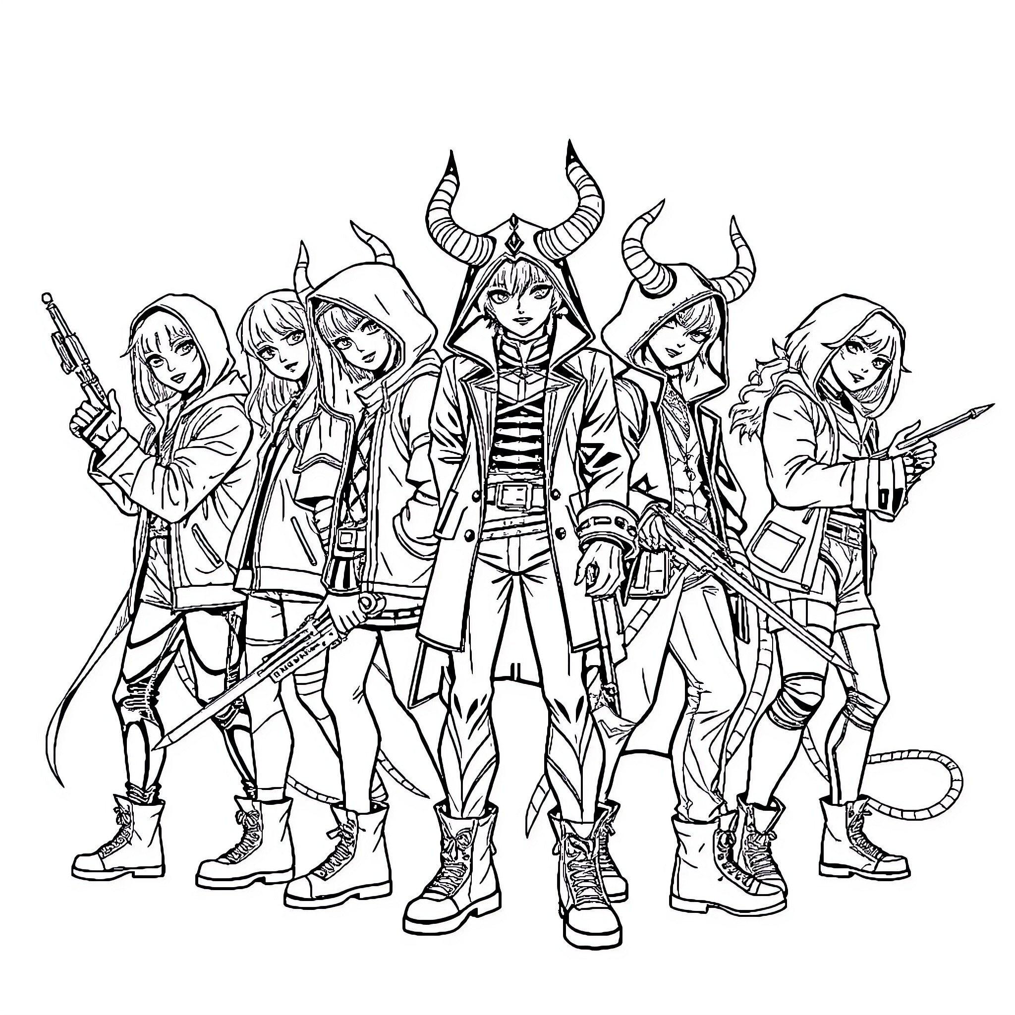 Demon Hunter Squad in Fierce Poses Coloring Page (free black-and-white line drawing printable PDF for all, from beginners to advanced learners, including children, teens, adults, and seniors)