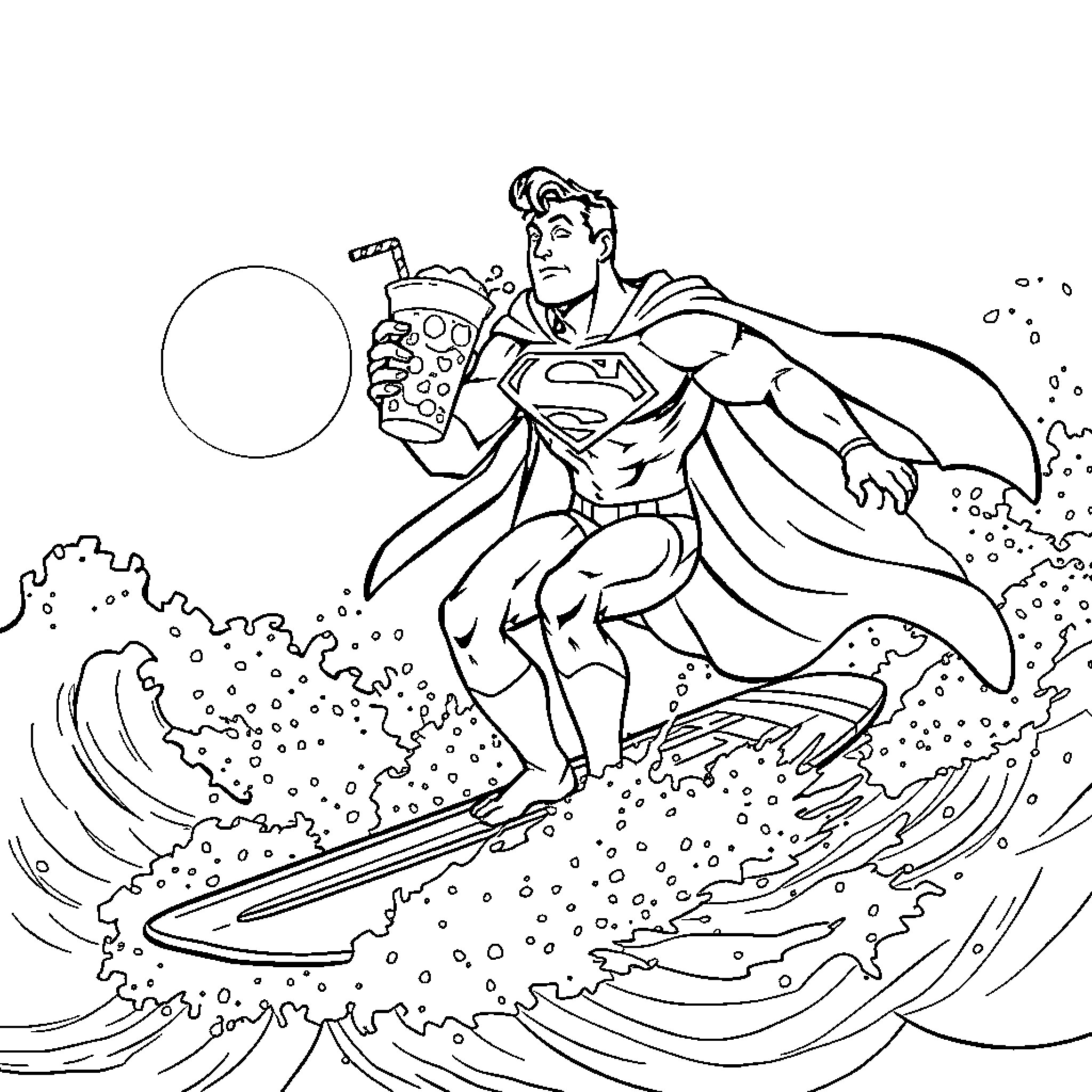 Superman surfing through the waves with a milkshake Coloring Page (free black-and-white line drawing printable PDF for all, from beginners to advanced learners, including children, teens, adults, and seniors)