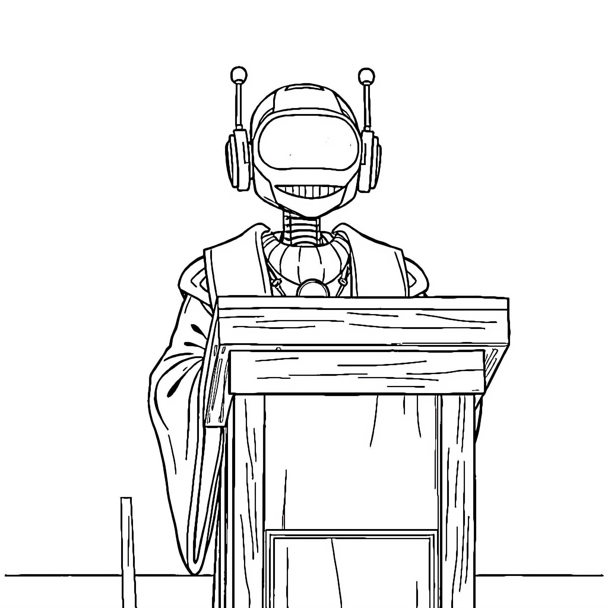Robot presenting at a podium Coloring Page (free black-and-white line drawing printable PDF for all, from beginners to advanced learners, including children, teens, adults, and seniors)