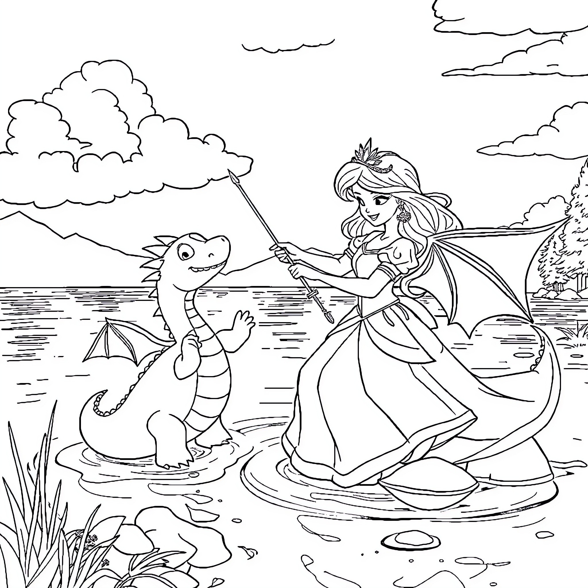 Princess Exploring the Lake with Friendly Dragon Coloring Page (free black-and-white line drawing printable PDF for all, from beginners to advanced learners, including children, teens, adults, and seniors)