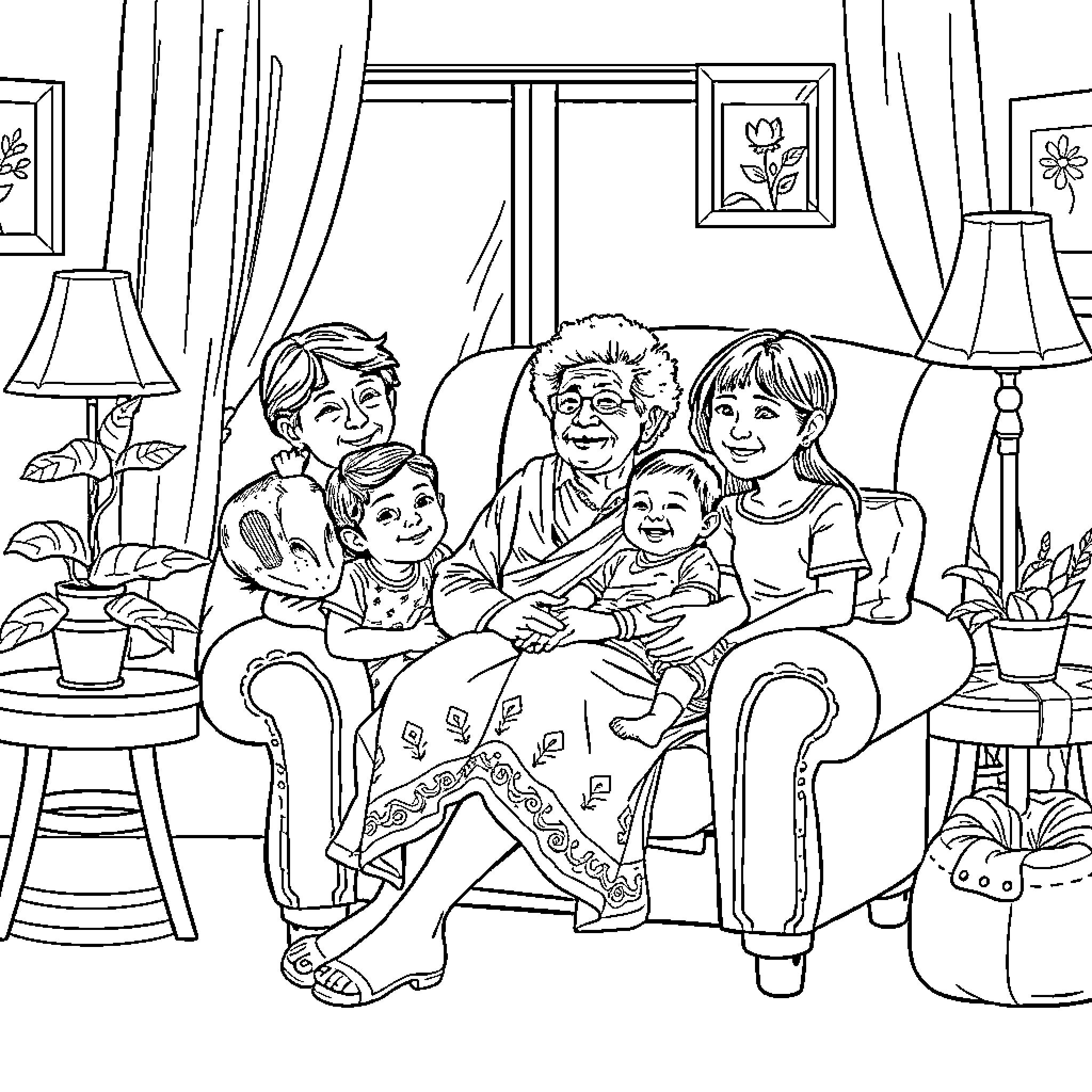 Oma's Family Time at Home Coloring Page (free black-and-white line drawing printable PDF for all, from beginners to advanced learners, including children, teens, adults, and seniors)