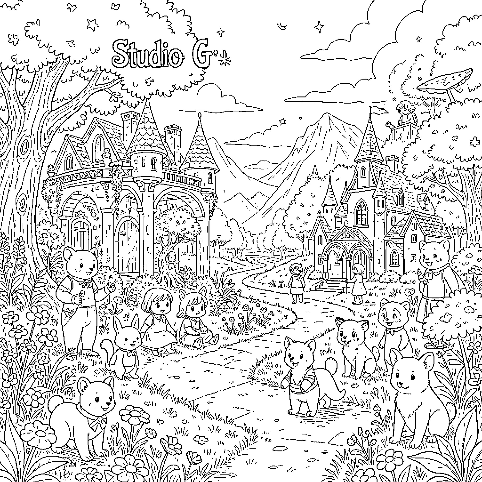 Studio Ghibli-inspired fantastical landscape with whimsical characters Coloring Page (free black-and-white line drawing printable PDF for all, from beginners to advanced learners, including children, teens, adults, and seniors)