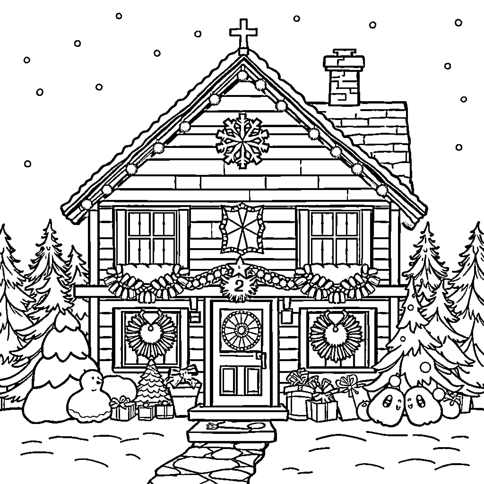 House decorated for winter holidays Coloring Page (free black-and-white line drawing printable PDF for all, from beginners to advanced learners, including children, teens, adults, and seniors)