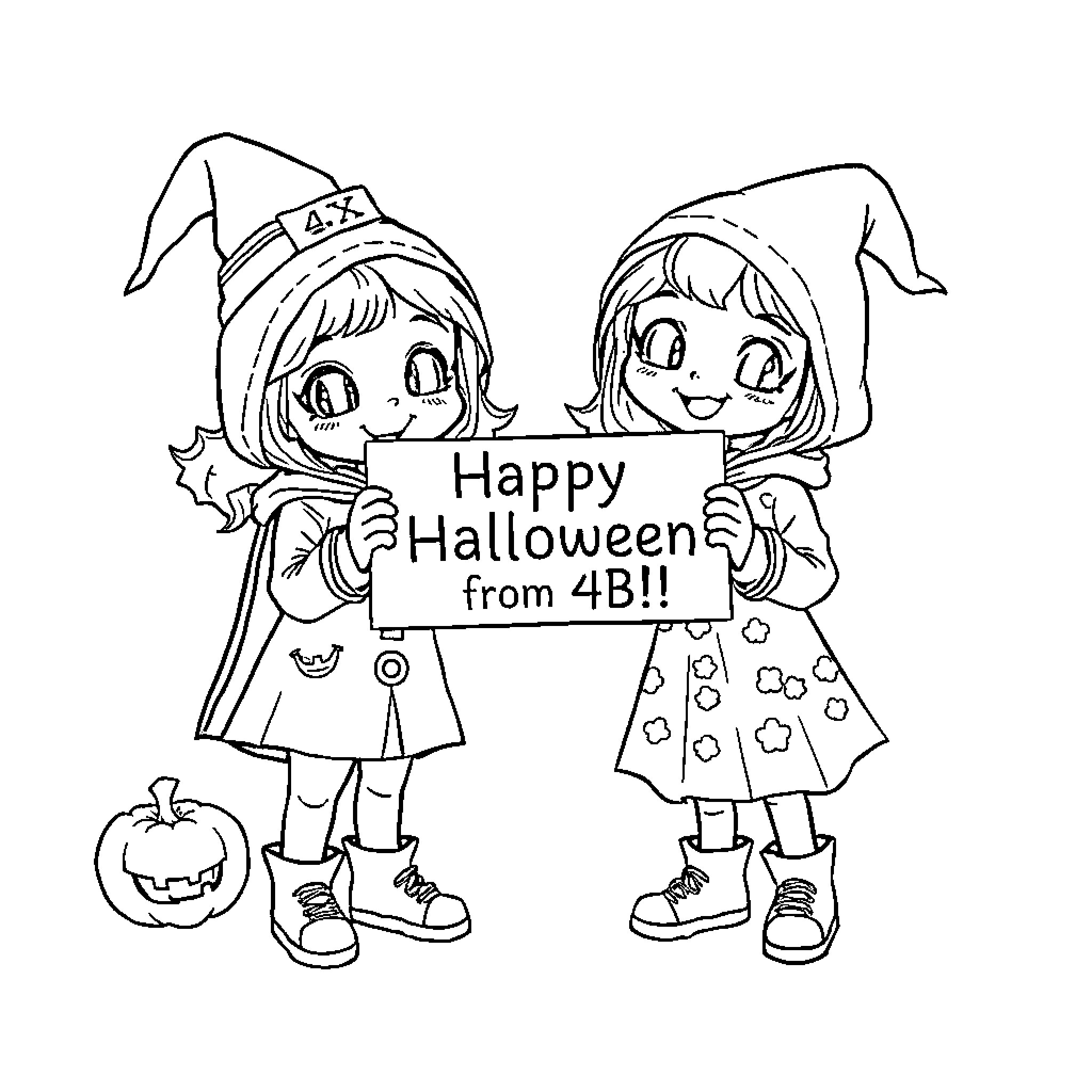 Chibi Witches Celebrate Halloween with Joy Coloring Page (free black-and-white line drawing printable PDF for all, from beginners to advanced learners, including children, teens, adults, and seniors)