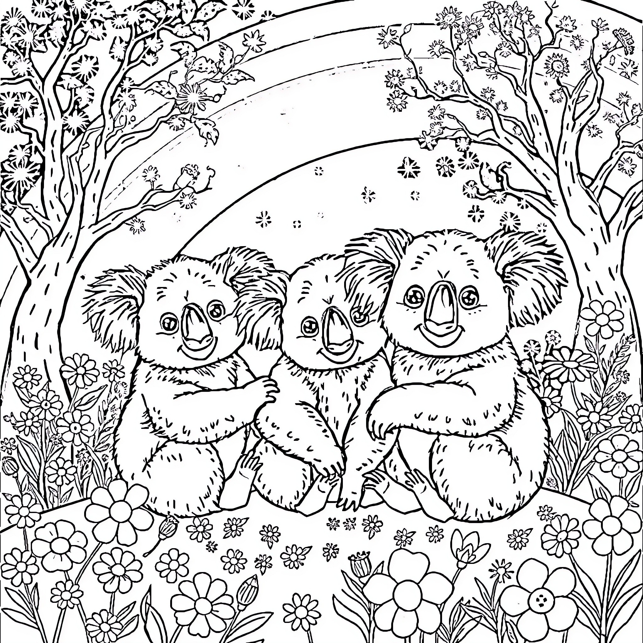Koala Bears Exploring Enchanted Forest Landscape Coloring Page (free black-and-white line drawing printable PDF for all, from beginners to advanced learners, including children, teens, adults, and seniors)