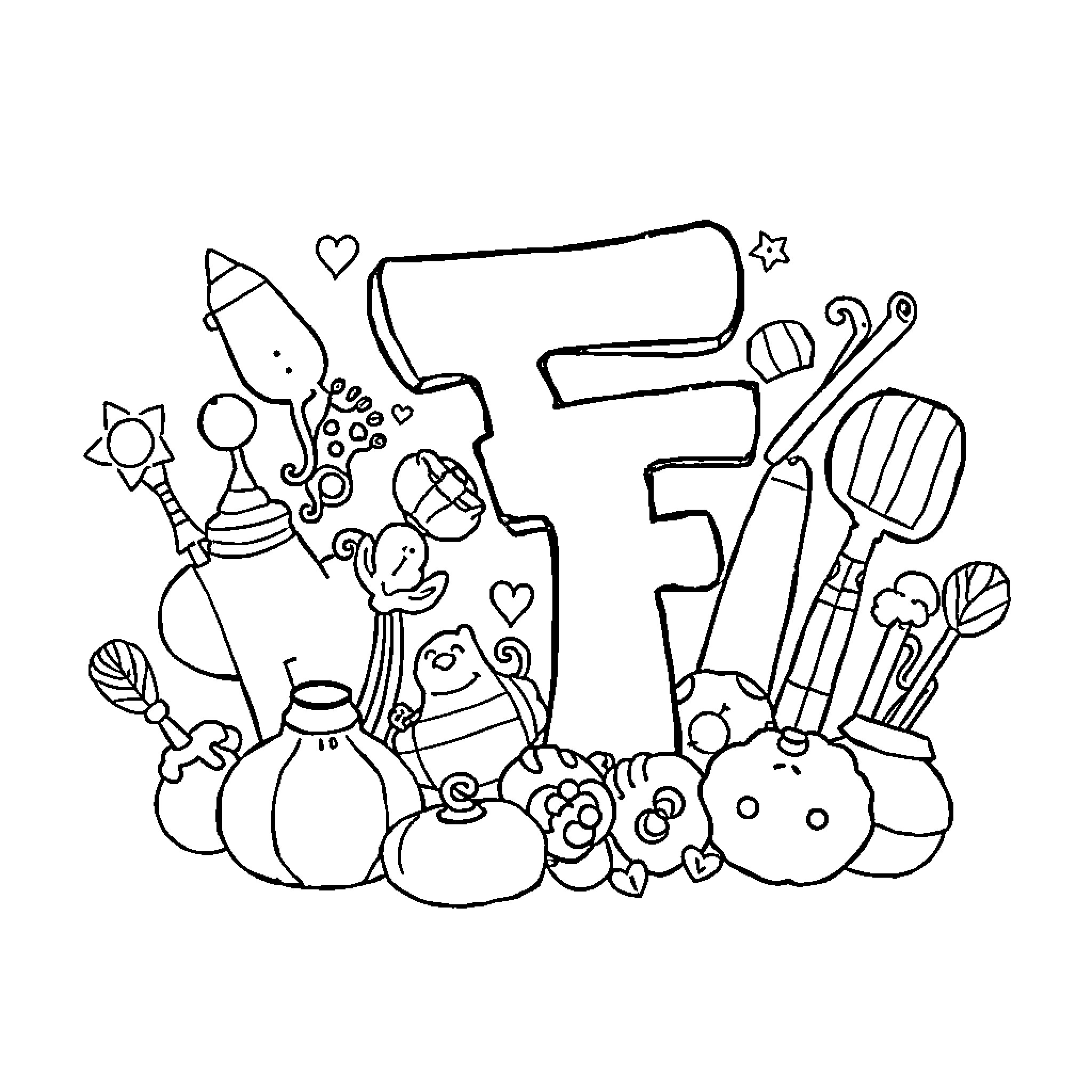 Letter F with Playful Craft Supplies Coloring Page (free black-and-white line drawing printable PDF for all, from beginners to advanced learners, including children, teens, adults, and seniors)