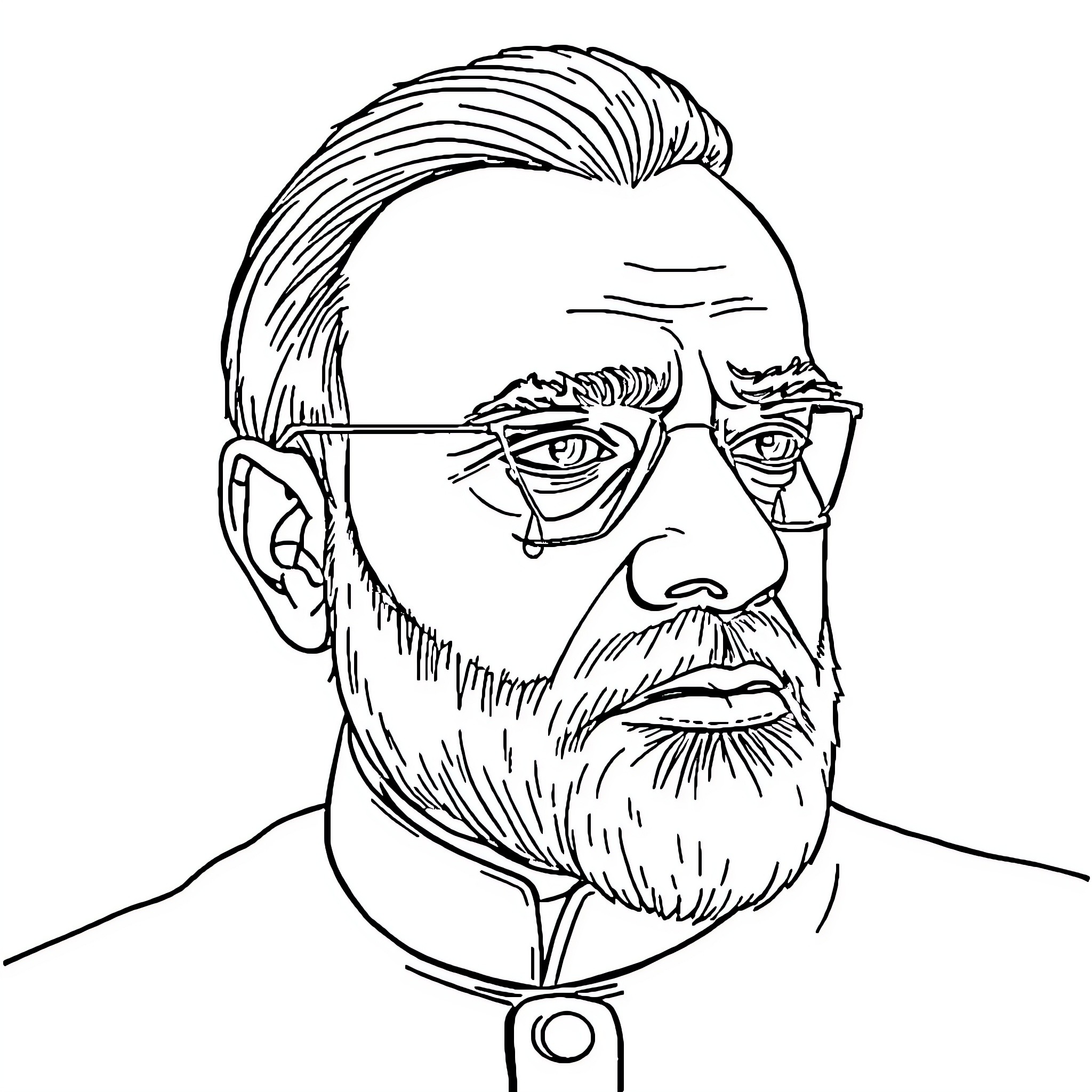 Modi ji in contemplative mood with glasses Coloring Page (free black-and-white line drawing printable PDF for all, from beginners to advanced learners, including children, teens, adults, and seniors)