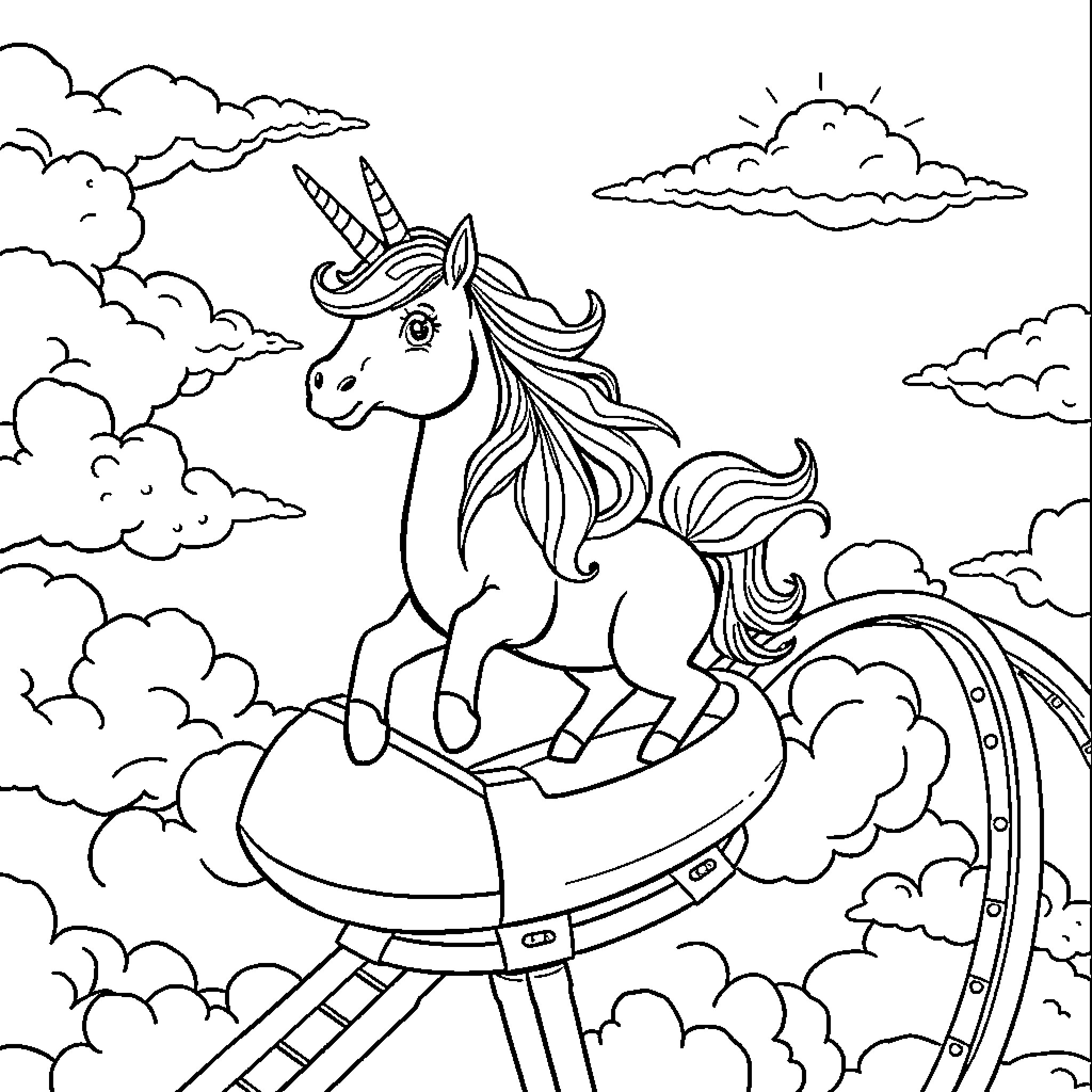 Unicorn riding a magical cloud carousel in the sky Coloring Page (free black-and-white line drawing printable PDF for all, from beginners to advanced learners, including children, teens, adults, and seniors)