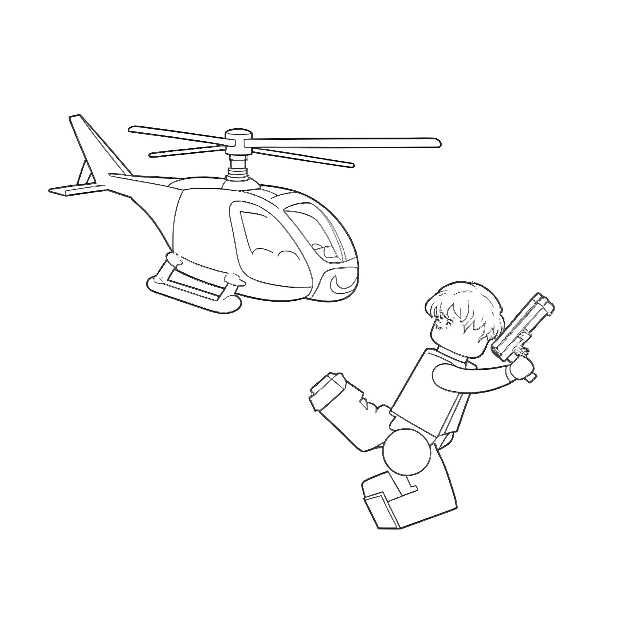 Lego James Bond on a mission with helicopter Coloring Page (free black-and-white line drawing printable PDF for all, from beginners to advanced learners, including children, teens, adults, and seniors)