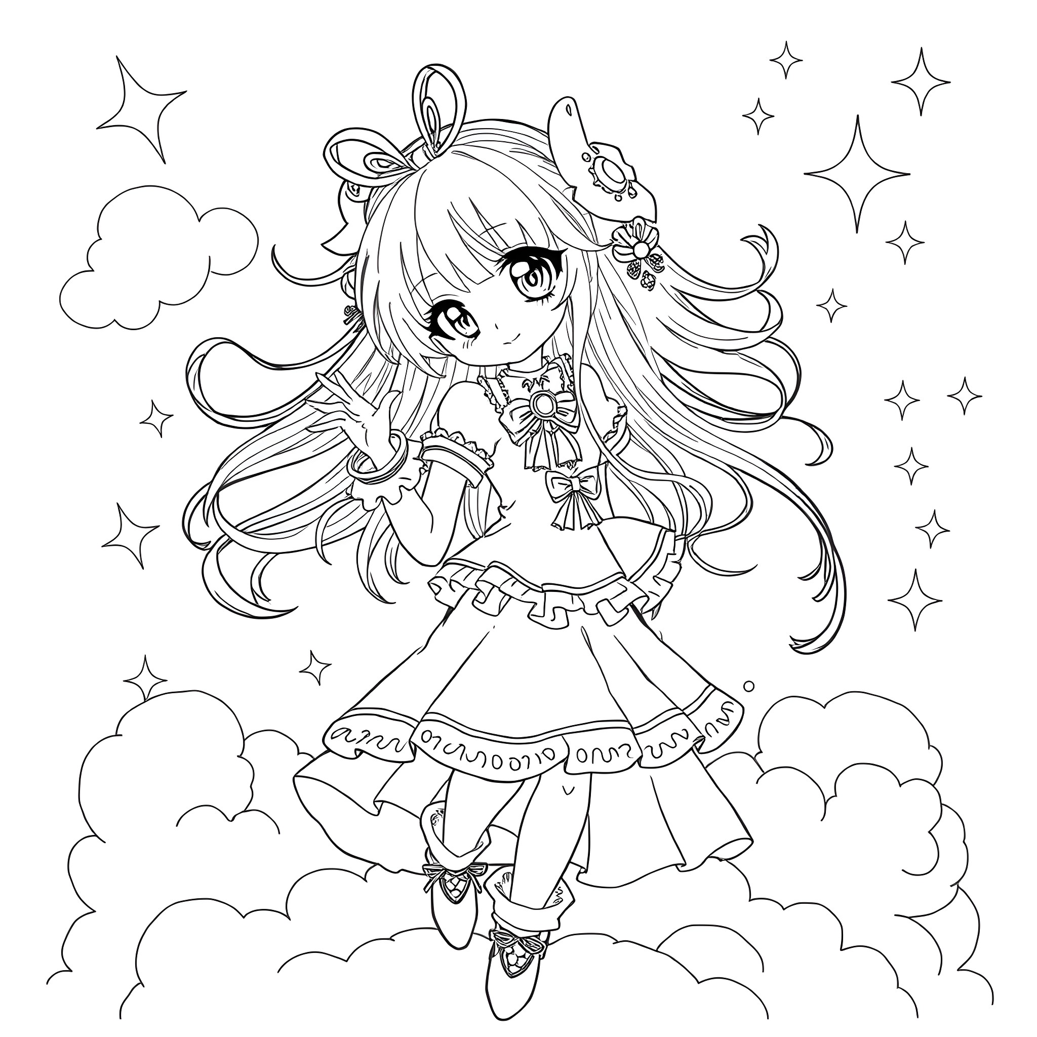Girl in a whimsical dress posing among the clouds and stars Coloring Page (free black-and-white line drawing printable PDF for all, from beginners to advanced learners, including children, teens, adults, and seniors)