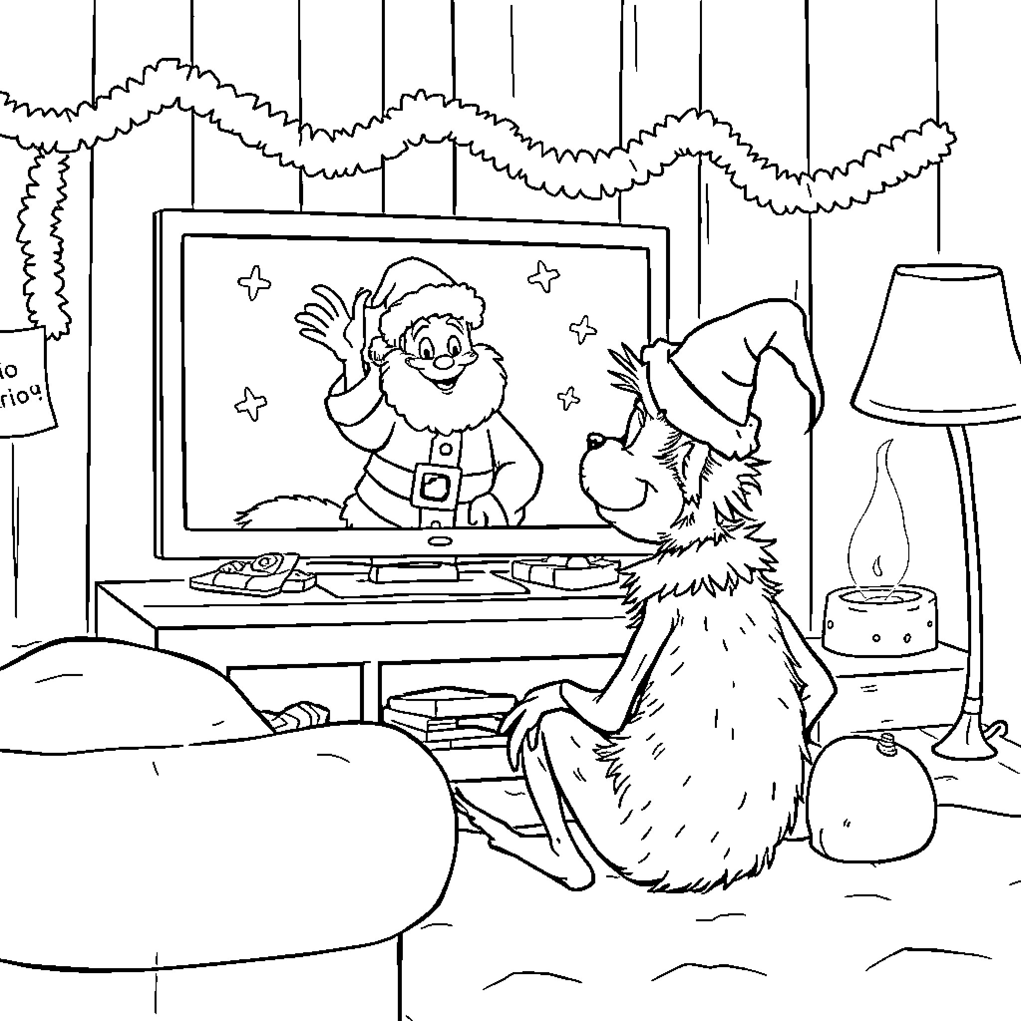 Grinch Watching Festive TV Show on a Cozy Evening Coloring Page (free black-and-white line drawing printable PDF for all, from beginners to advanced learners, including children, teens, adults, and seniors)
