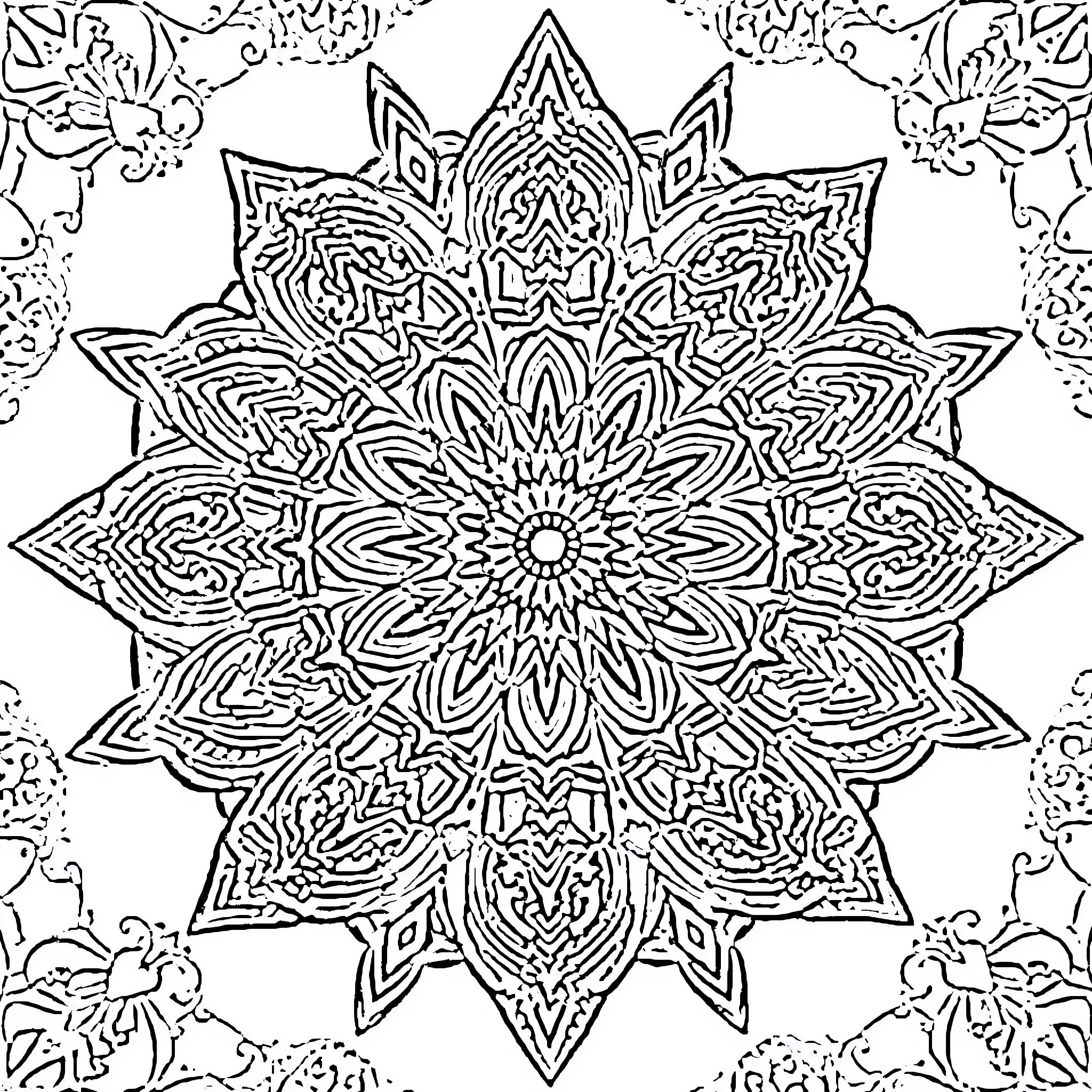Mandala of intricate floral patterns Coloring Page (free black-and-white line drawing printable PDF for all, from beginners to advanced learners, including children, teens, adults, and seniors)