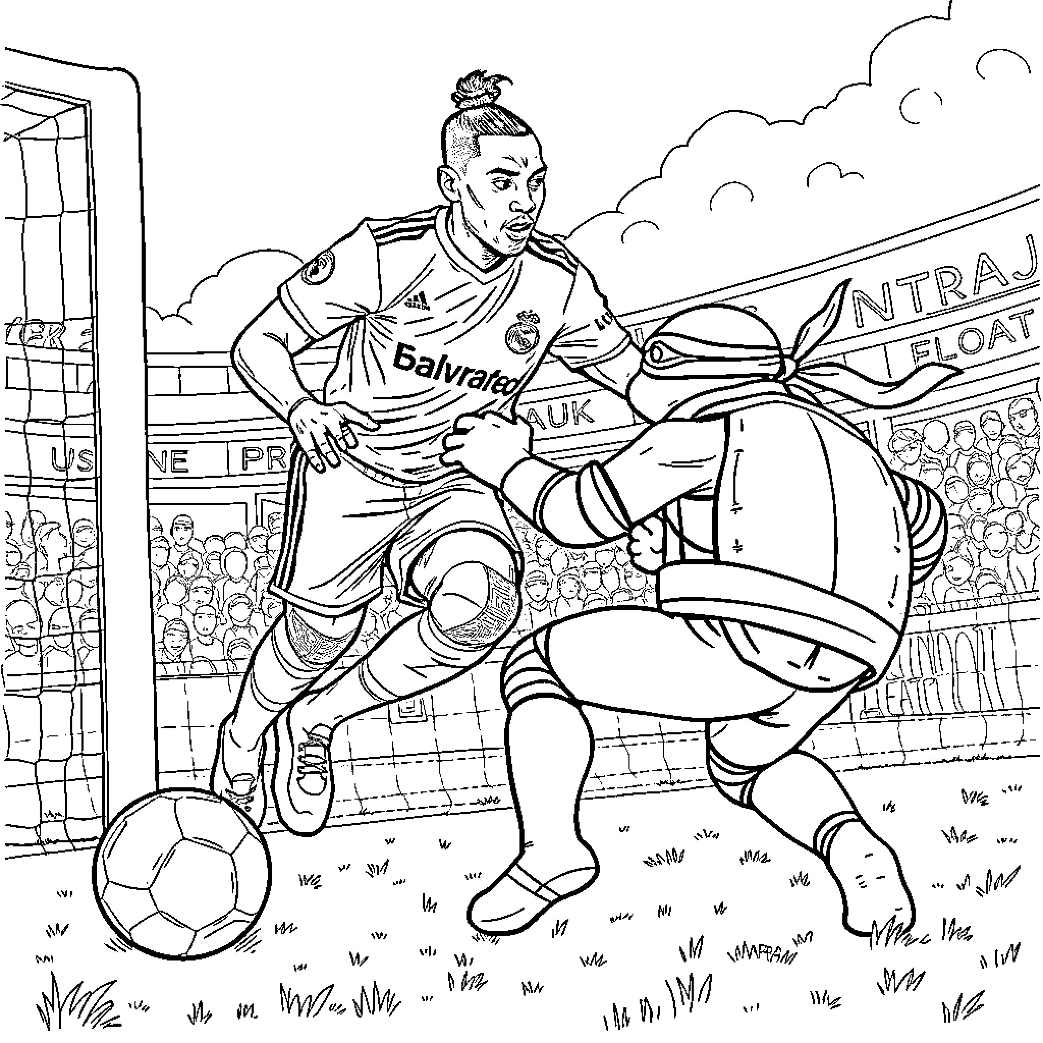 Mbappe showcasing his skills on the football pitch Coloring Page (free black-and-white line drawing printable PDF for all, from beginners to advanced learners, including children, teens, adults, and seniors)