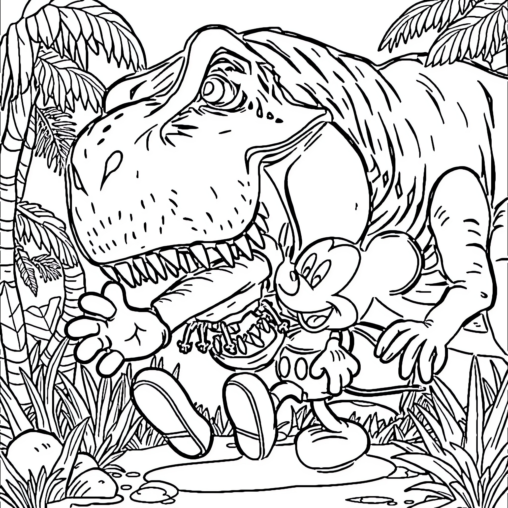 T-Rex Stomping Through Prehistoric Jungle Coloring Page (free black-and-white line drawing printable PDF for all, from beginners to advanced learners, including children, teens, adults, and seniors)