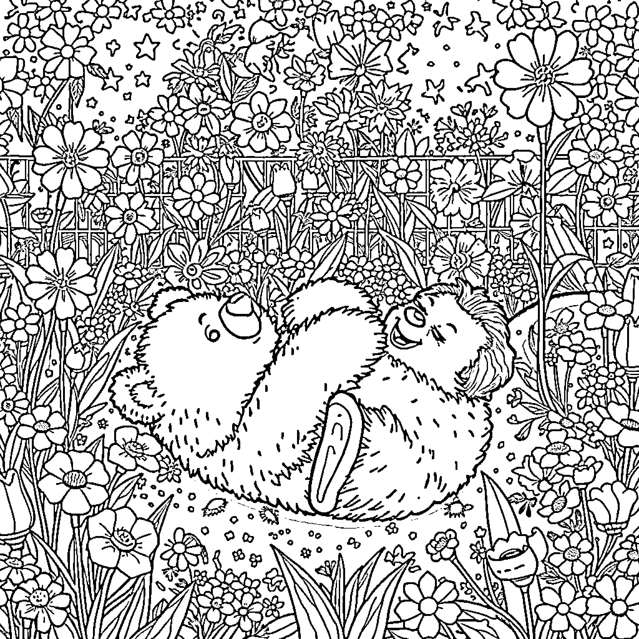 Bear embracing in a floral field Coloring Page (free black-and-white line drawing printable PDF for all, from beginners to advanced learners, including children, teens, adults, and seniors)