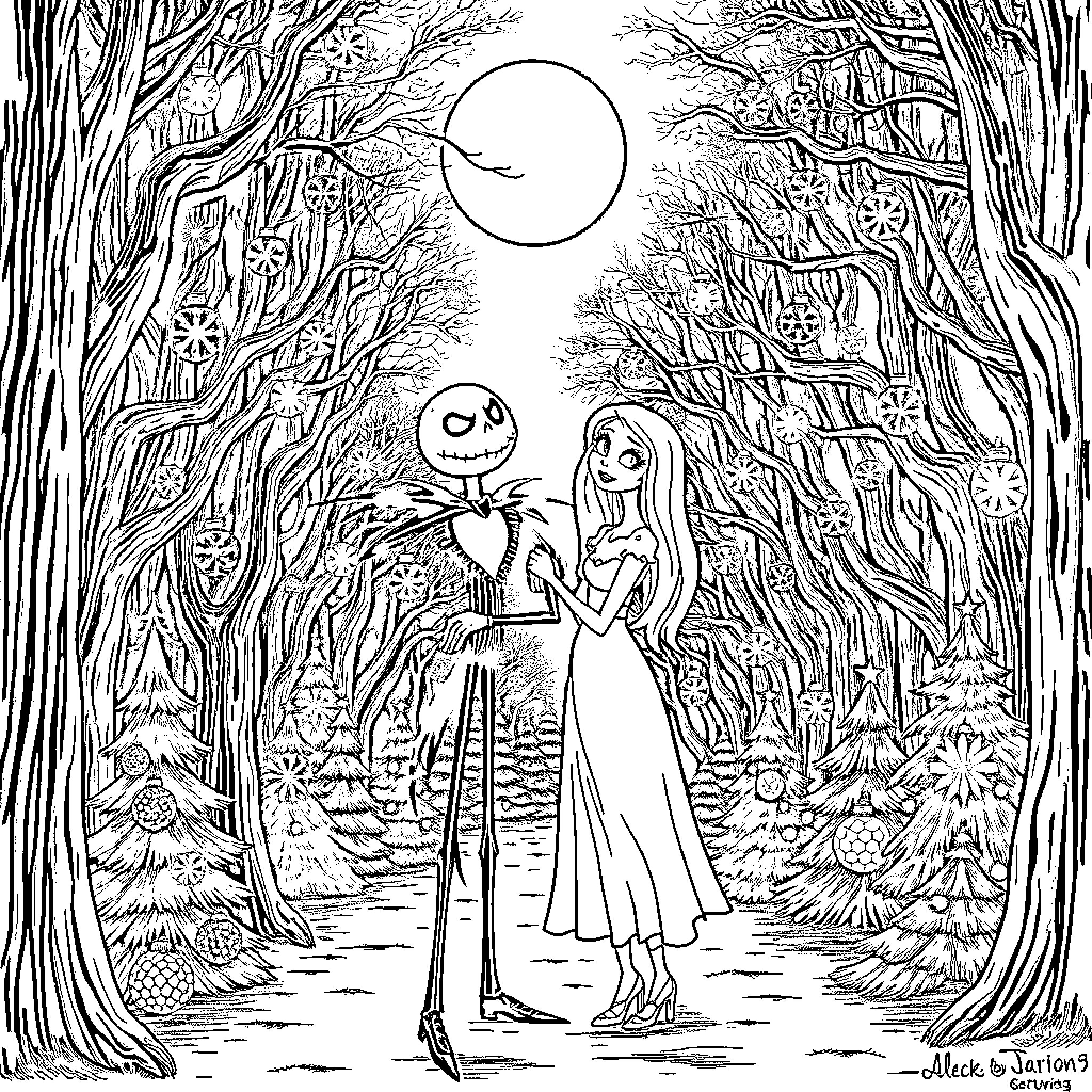 Jack and Sally's Moonlit Encounter in the Enchanted Forest Coloring Page (free black-and-white line drawing printable PDF for all, from beginners to advanced learners, including children, teens, adults, and seniors)