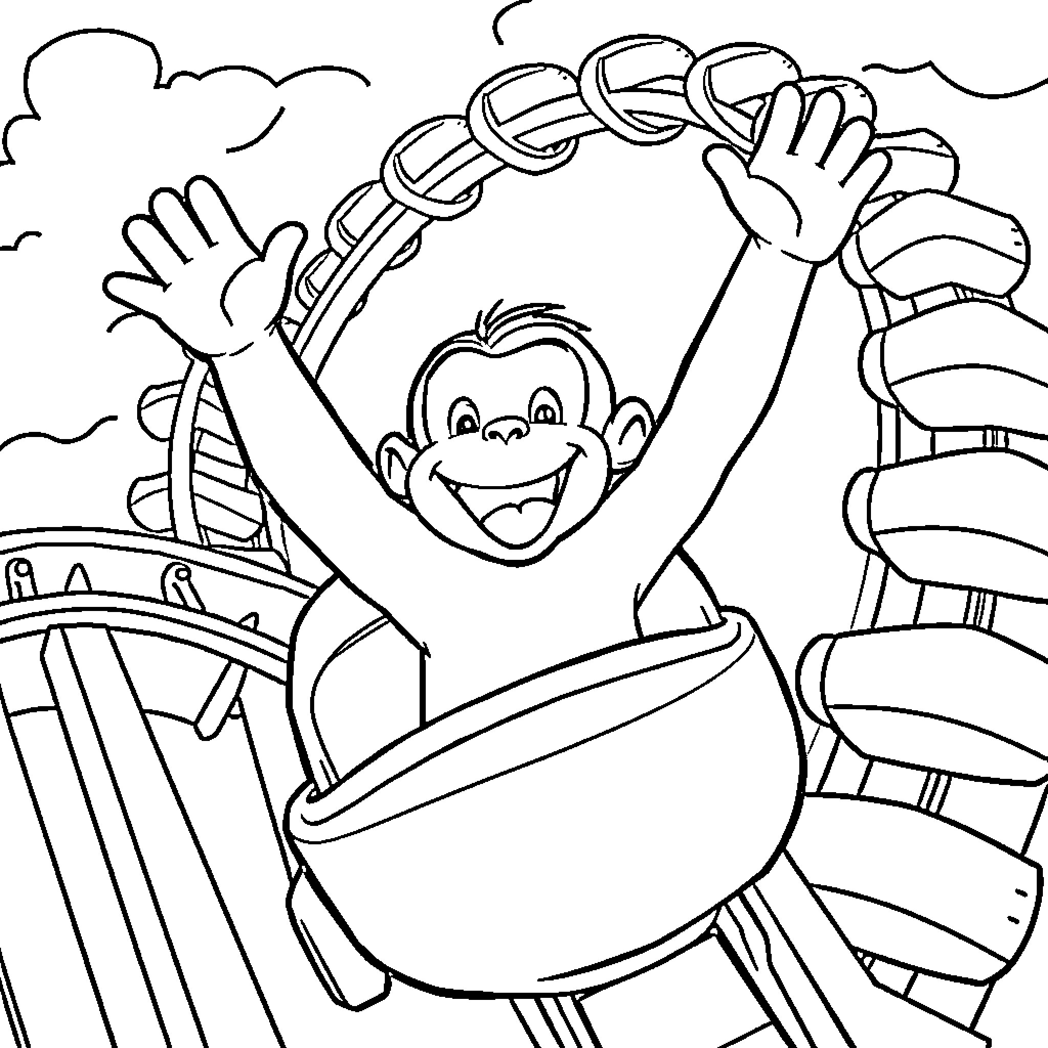 Curious George enjoying a wild rollercoaster ride Coloring Page (free black-and-white line drawing printable PDF for all, from beginners to advanced learners, including children, teens, adults, and seniors)