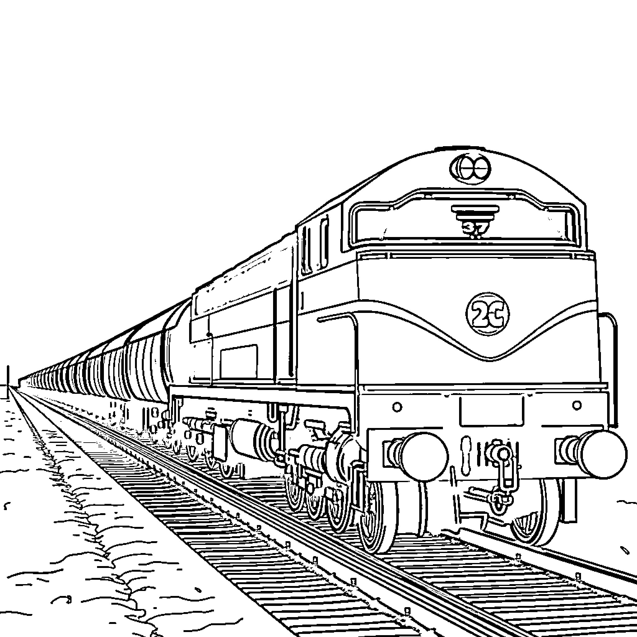 Locomotive Pulling a Train on Railroad Tracks Coloring Page (free black-and-white line drawing printable PDF for all, from beginners to advanced learners, including children, teens, adults, and seniors)