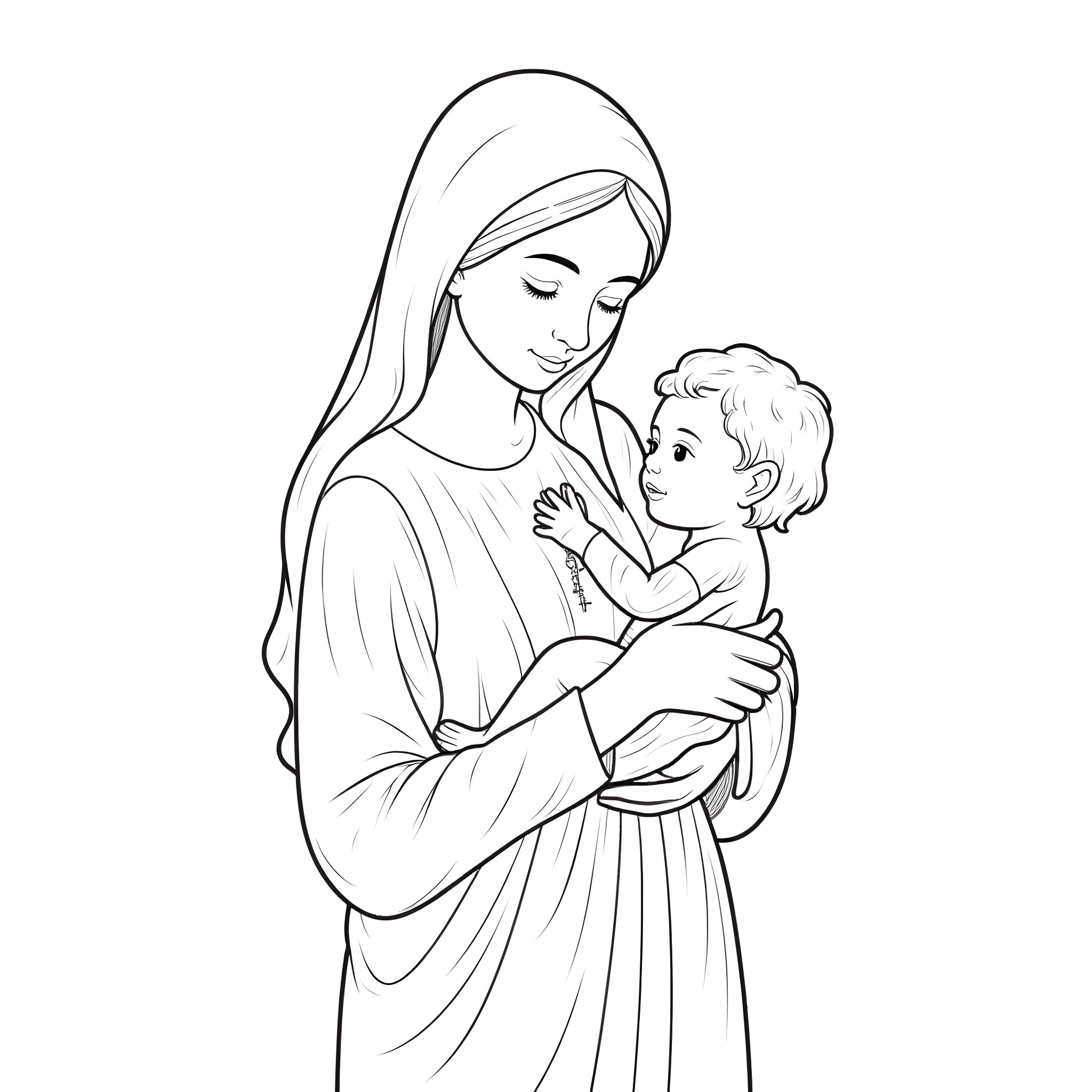 Mary embracing a child with care and tenderness Coloring Page (free black-and-white line drawing printable PDF for all, from beginners to advanced learners, including children, teens, adults, and seniors)