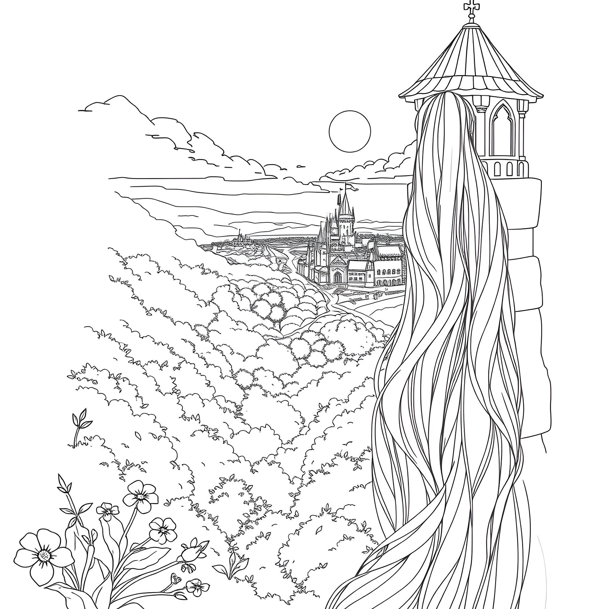 Rapunzel's Enchanted Castle Overlooking Meadows Coloring Page (free black-and-white line drawing printable PDF for all, from beginners to advanced learners, including children, teens, adults, and seniors)