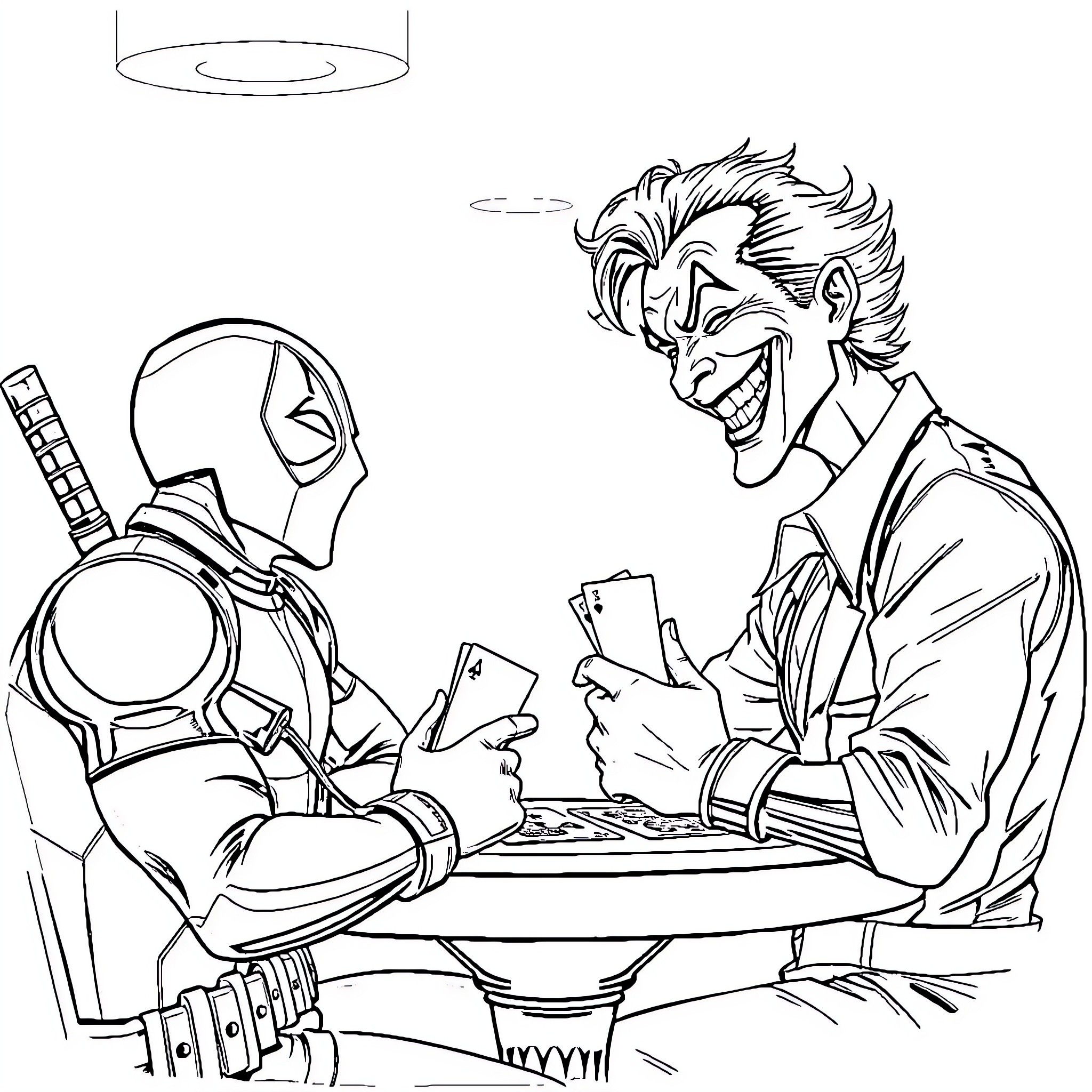 Joker playing cards with enemy in secret lair Coloring Page (free black-and-white line drawing printable PDF for all, from beginners to advanced learners, including children, teens, adults, and seniors)