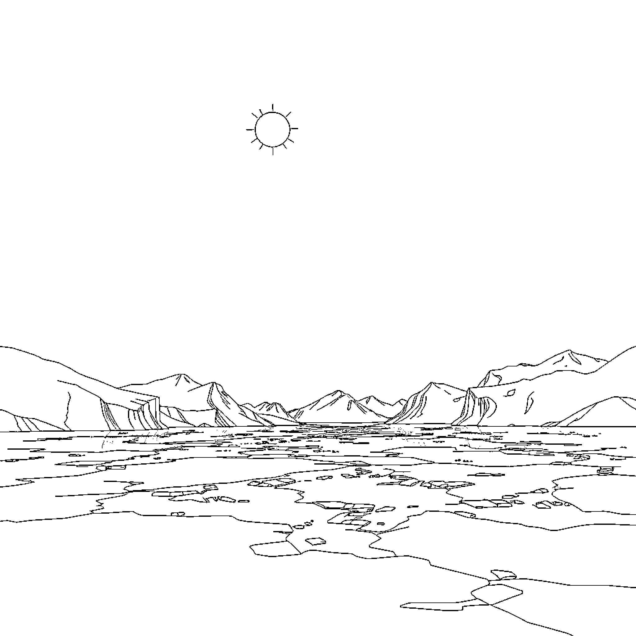 Arctic scenic landscape with mountains and water Coloring Page (free black-and-white line drawing printable PDF for all, from beginners to advanced learners, including children, teens, adults, and seniors)