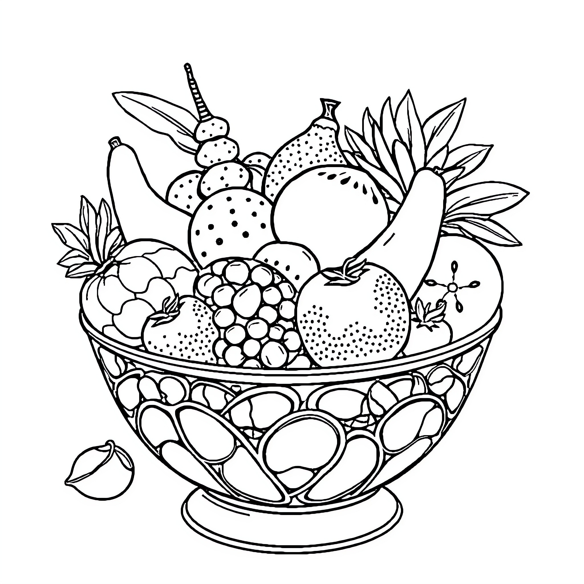 Fruit Basket Filled with Varied Produce Coloring Page (free black-and-white line drawing printable PDF for all, from beginners to advanced learners, including children, teens, adults, and seniors)