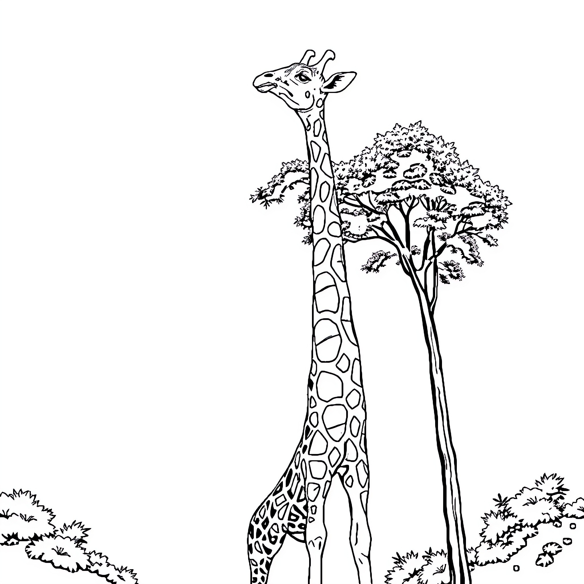 Giraffe standing tall in the wilderness Coloring Page (free black-and-white line drawing printable PDF for all, from beginners to advanced learners, including children, teens, adults, and seniors)