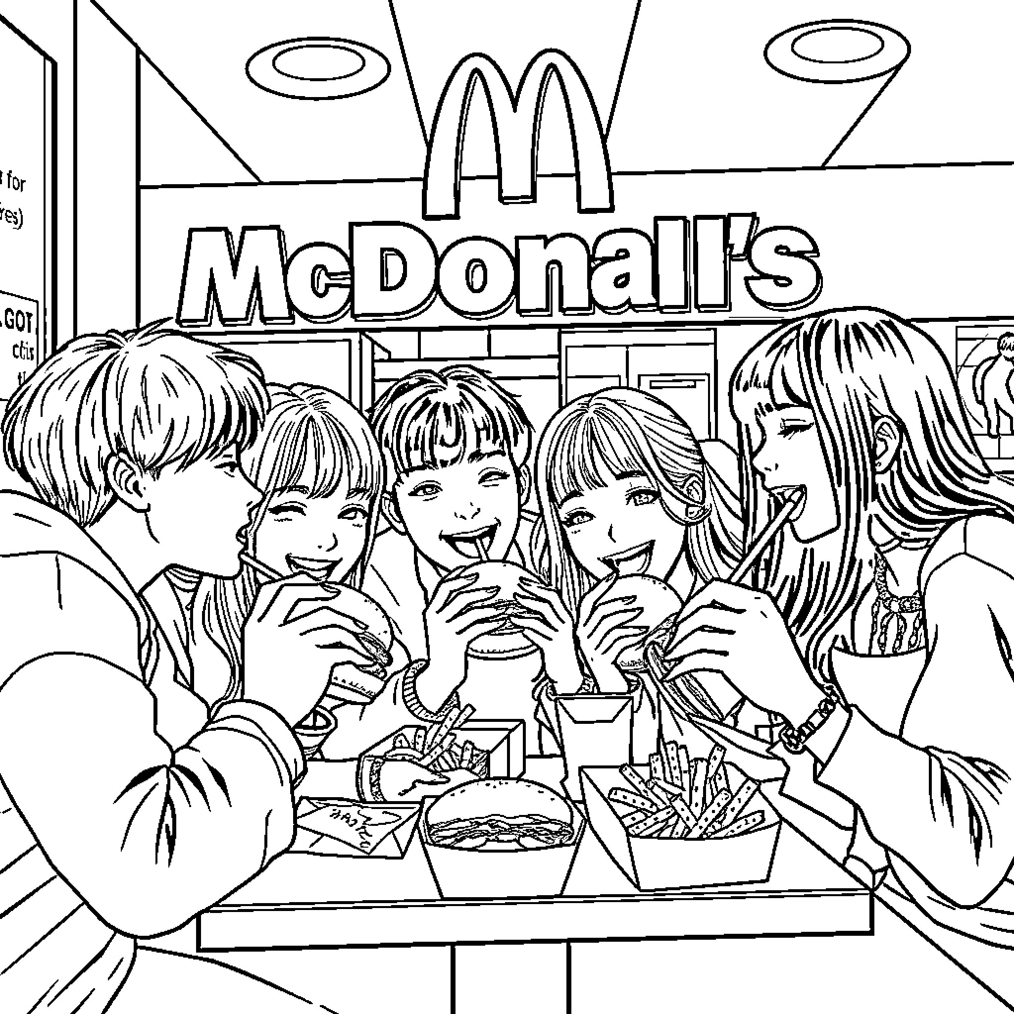 Kpop Friends Enjoying Fast Food at McDonald's Coloring Page (free black-and-white line drawing printable PDF for all, from beginners to advanced learners, including children, teens, adults, and seniors)