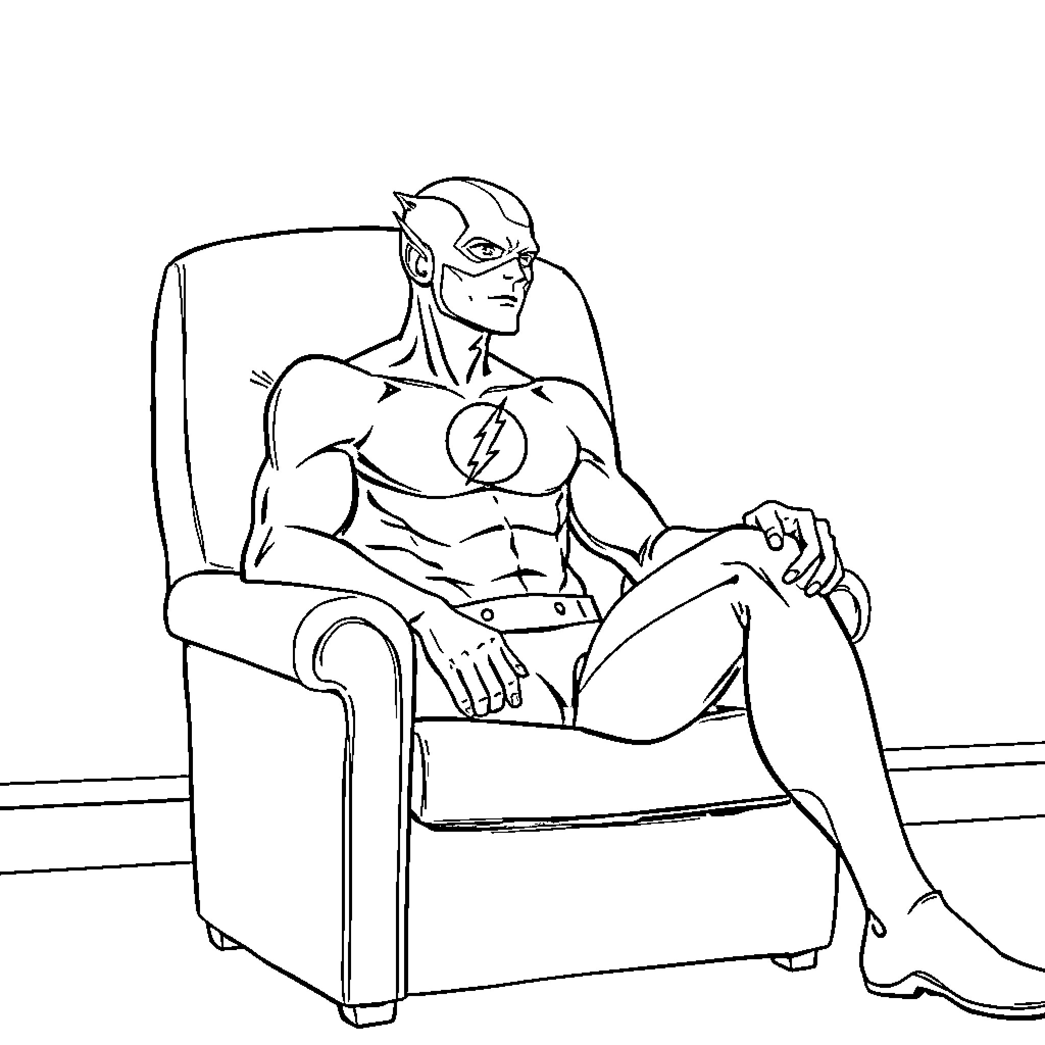 Flash resting confidently in armchair Coloring Page (free black-and-white line drawing printable PDF for all, from beginners to advanced learners, including children, teens, adults, and seniors)