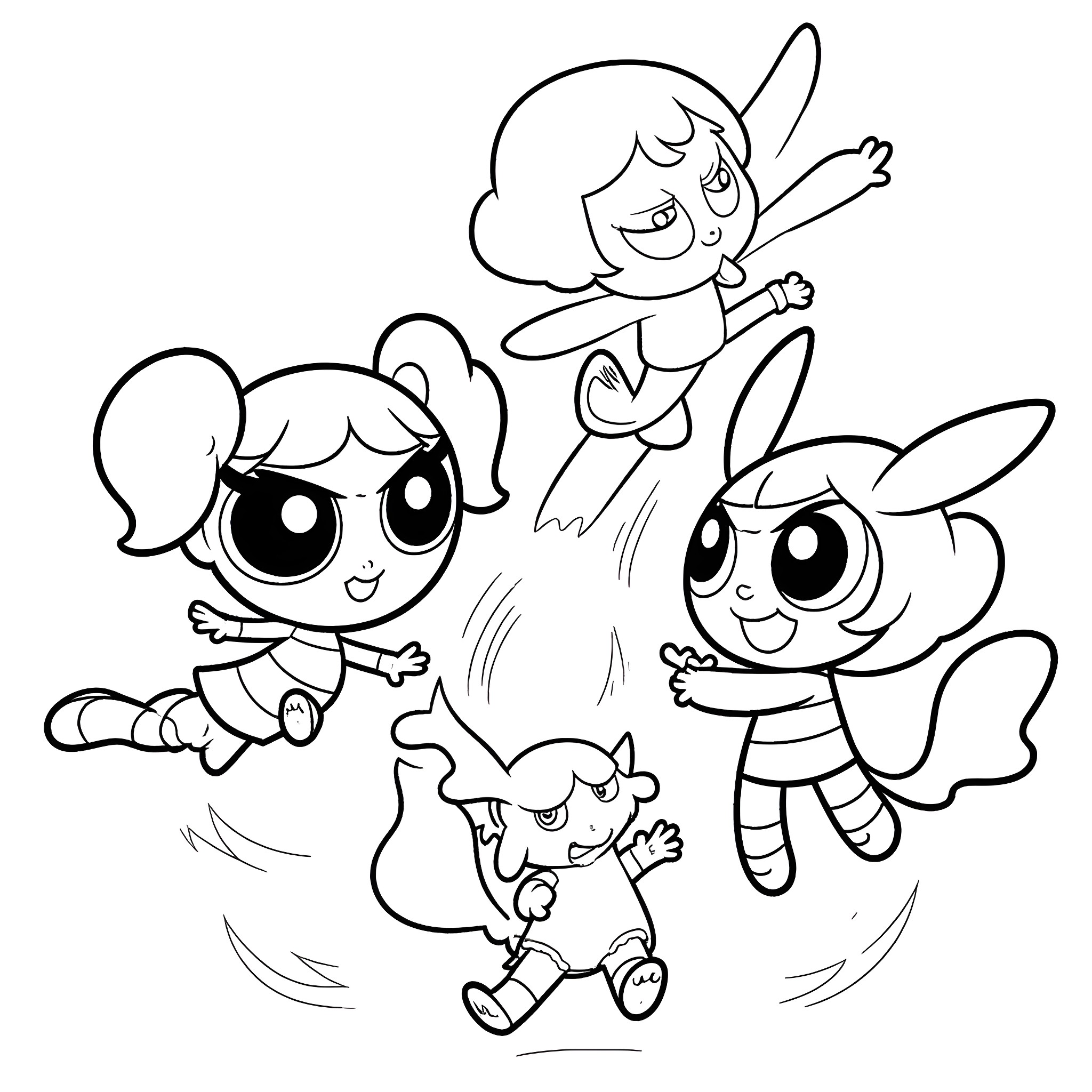 Powerpuff Girls playing and flying around happily Coloring Page (free black-and-white line drawing printable PDF for all, from beginners to advanced learners, including children, teens, adults, and seniors)