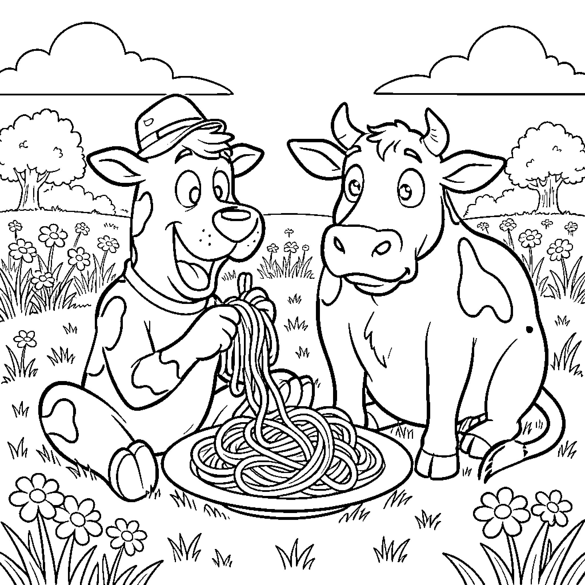 Scooby Doo and Cow Enjoy a Picnic Together Coloring Page (free black-and-white line drawing printable PDF for all, from beginners to advanced learners, including children, teens, adults, and seniors)