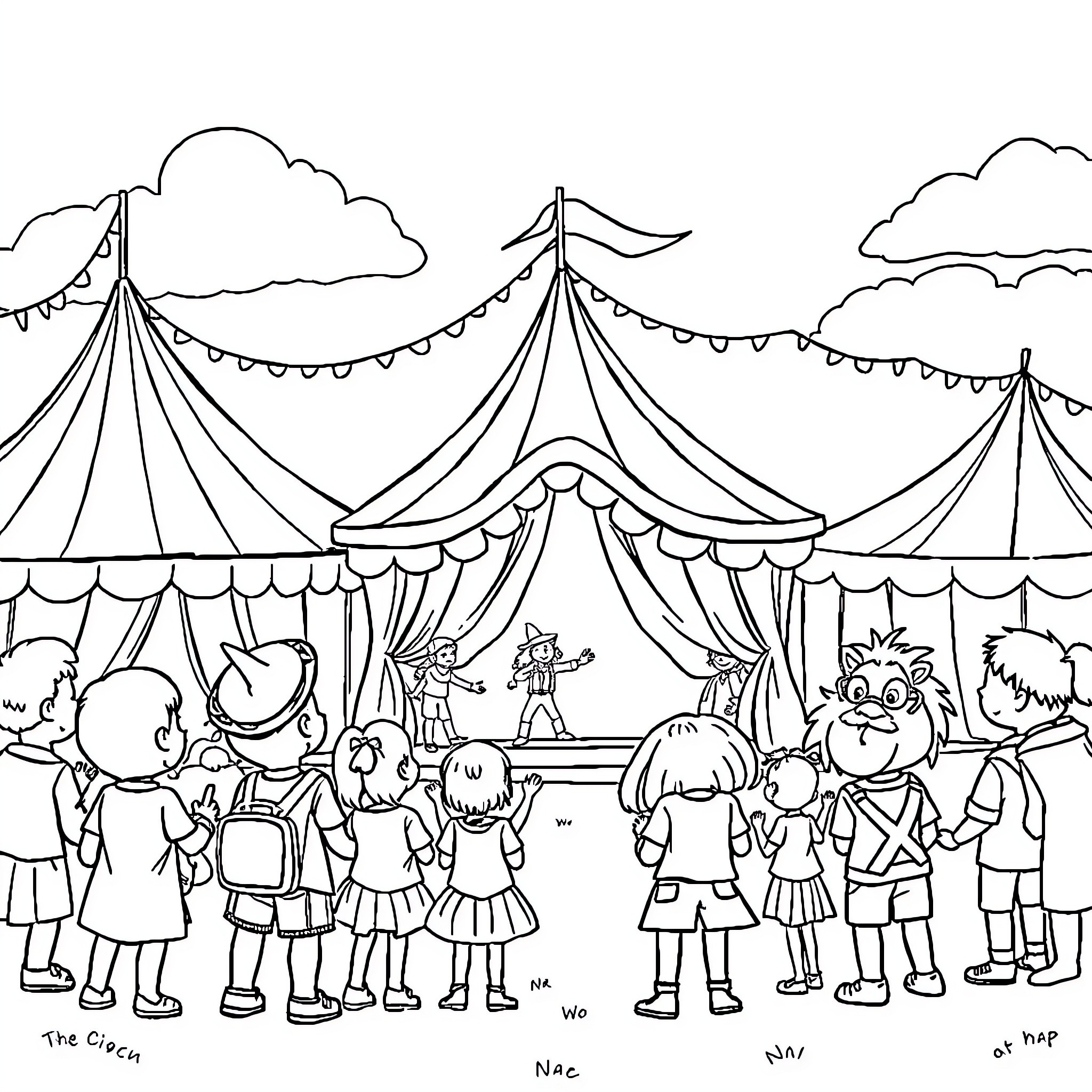Circus performers entertaining children in the tent Coloring Page (free black-and-white line drawing printable PDF for all, from beginners to advanced learners, including children, teens, adults, and seniors)