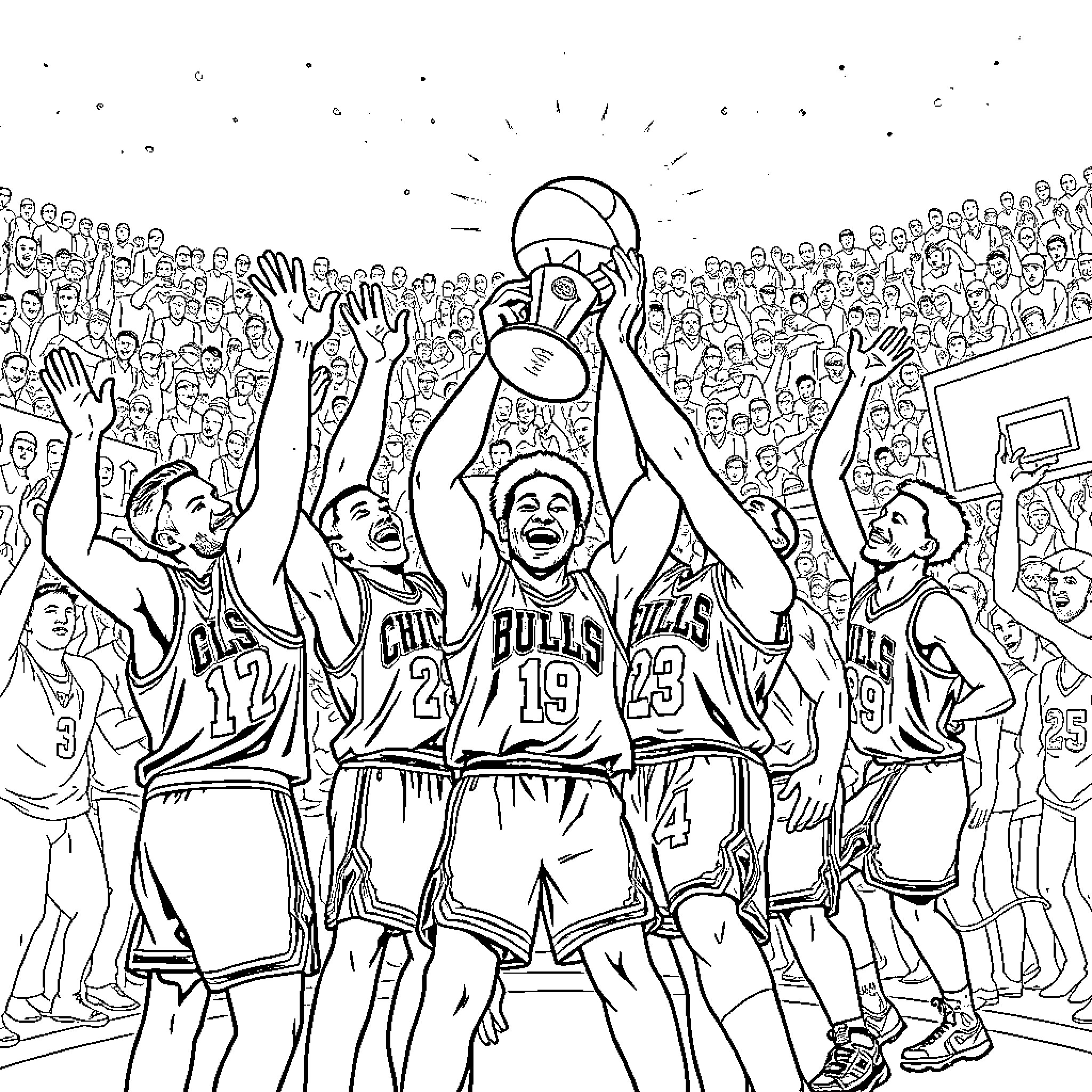 Bull team celebrating victory on the court Coloring Page (free black-and-white line drawing printable PDF for all, from beginners to advanced learners, including children, teens, adults, and seniors)