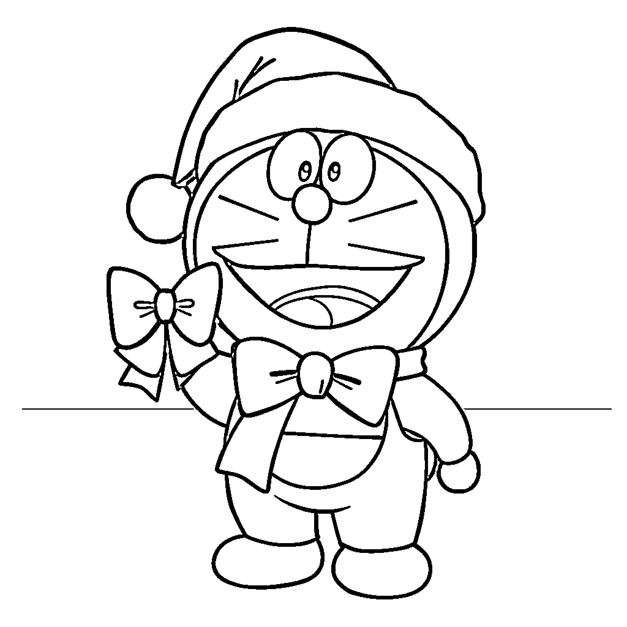 Doraemon wearing festive attire and accessories Coloring Page (free black-and-white line drawing printable PDF for all, from beginners to advanced learners, including children, teens, adults, and seniors)