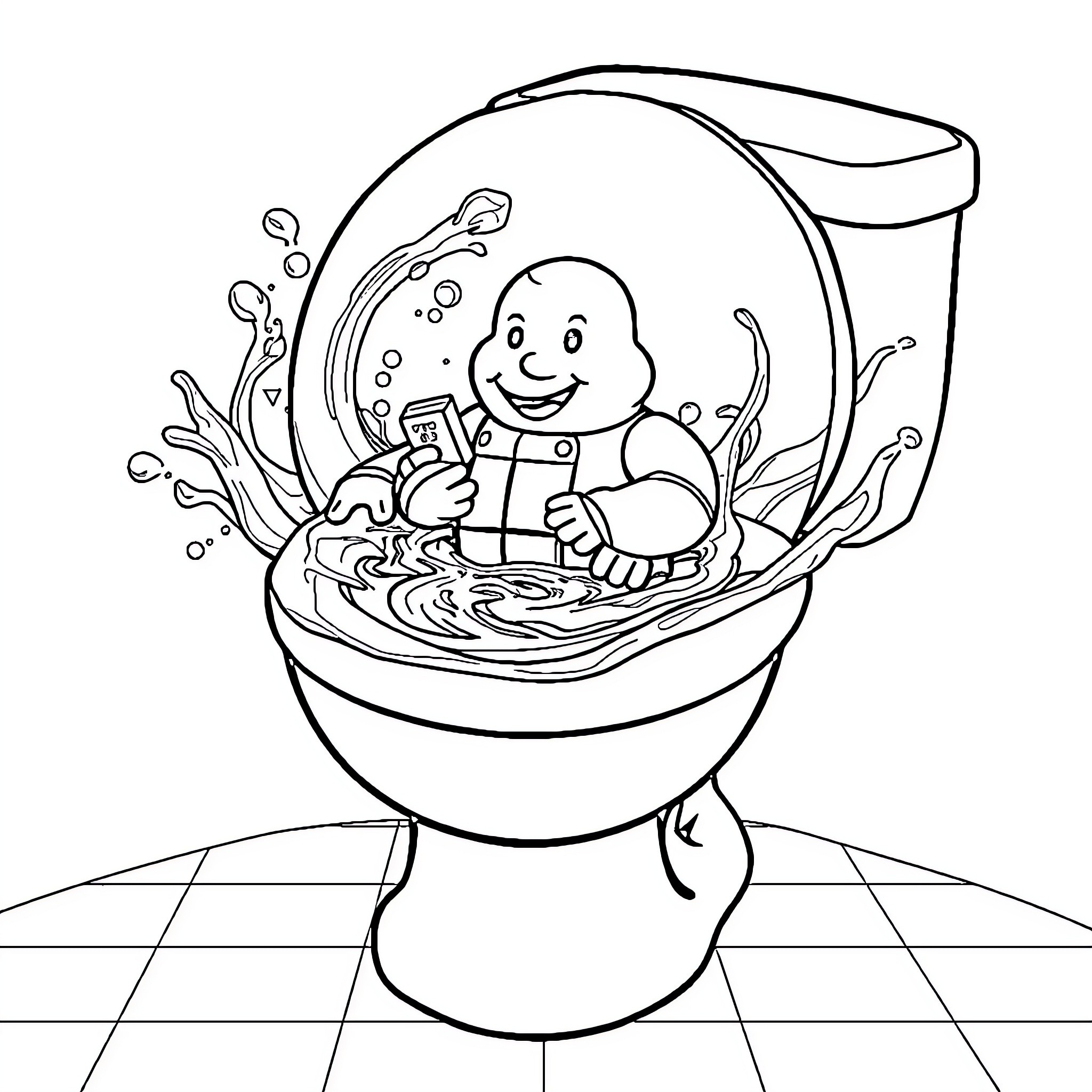 Toilet Bowl Fun with Playful Character Coloring Page (free black-and-white line drawing printable PDF for all, from beginners to advanced learners, including children, teens, adults, and seniors)