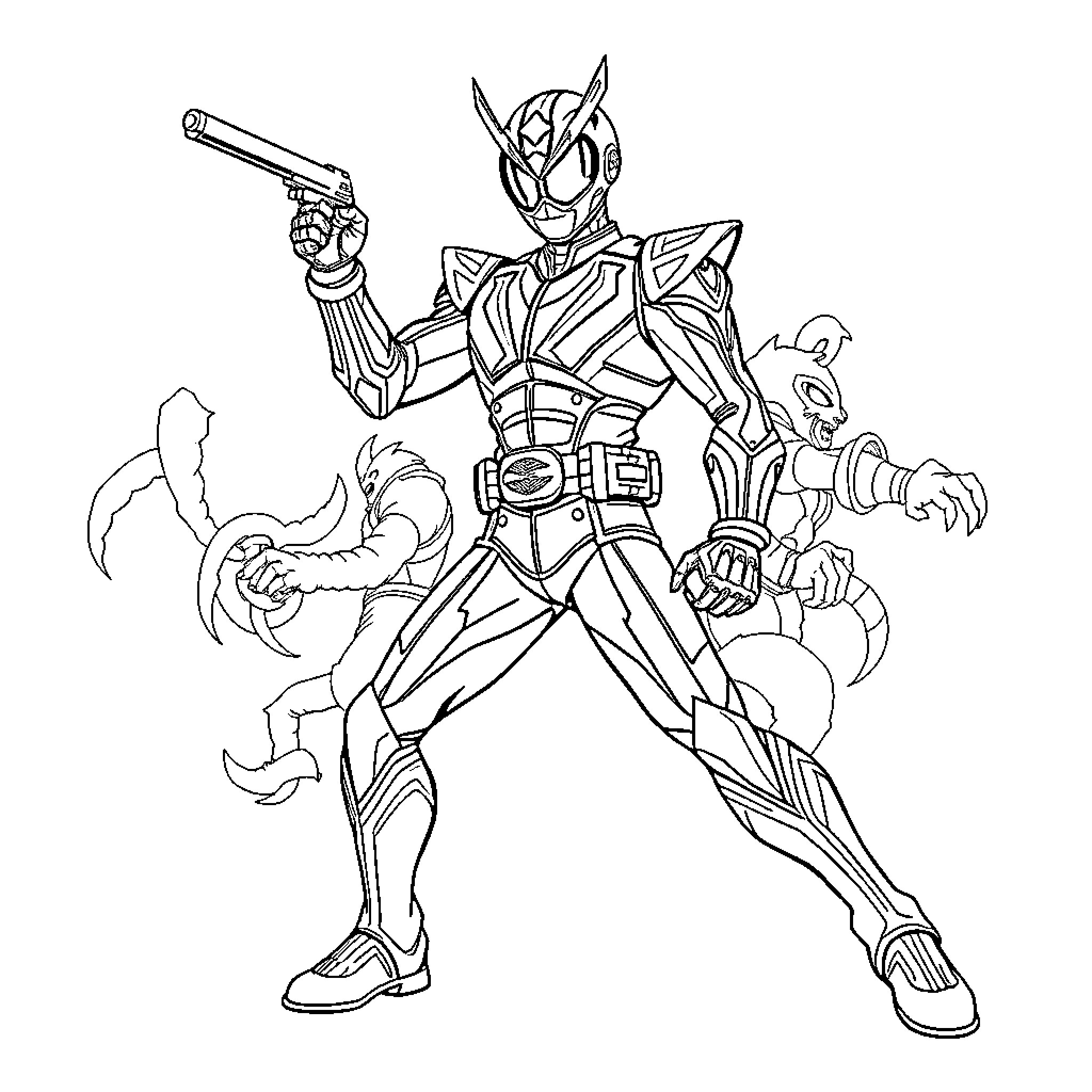 Kamen Rider wielding futuristic weapons in action pose Coloring Page (free black-and-white line drawing printable PDF for all, from beginners to advanced learners, including children, teens, adults, and seniors)
