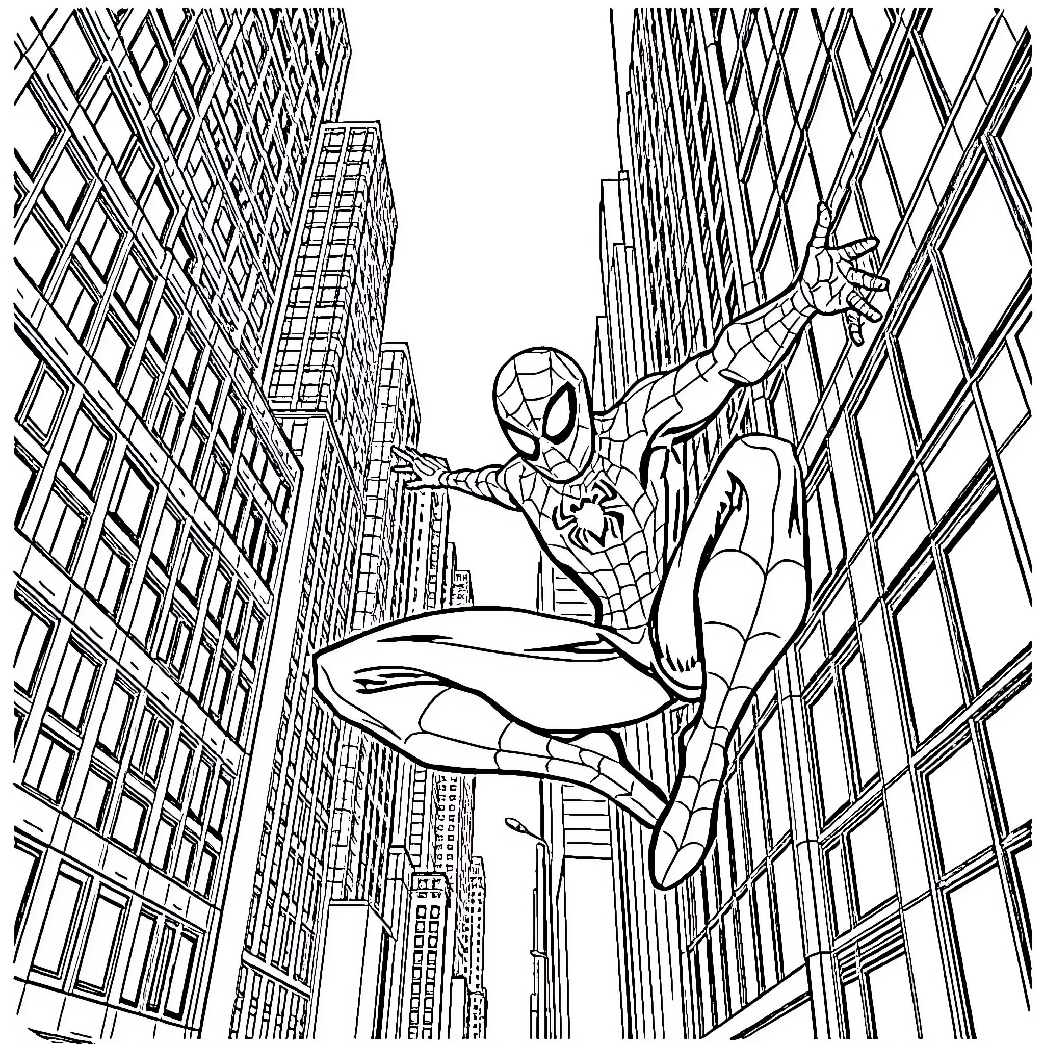 Spiderman swinging through the city skyline Coloring Page (free black-and-white line drawing printable PDF for all, from beginners to advanced learners, including children, teens, adults, and seniors)