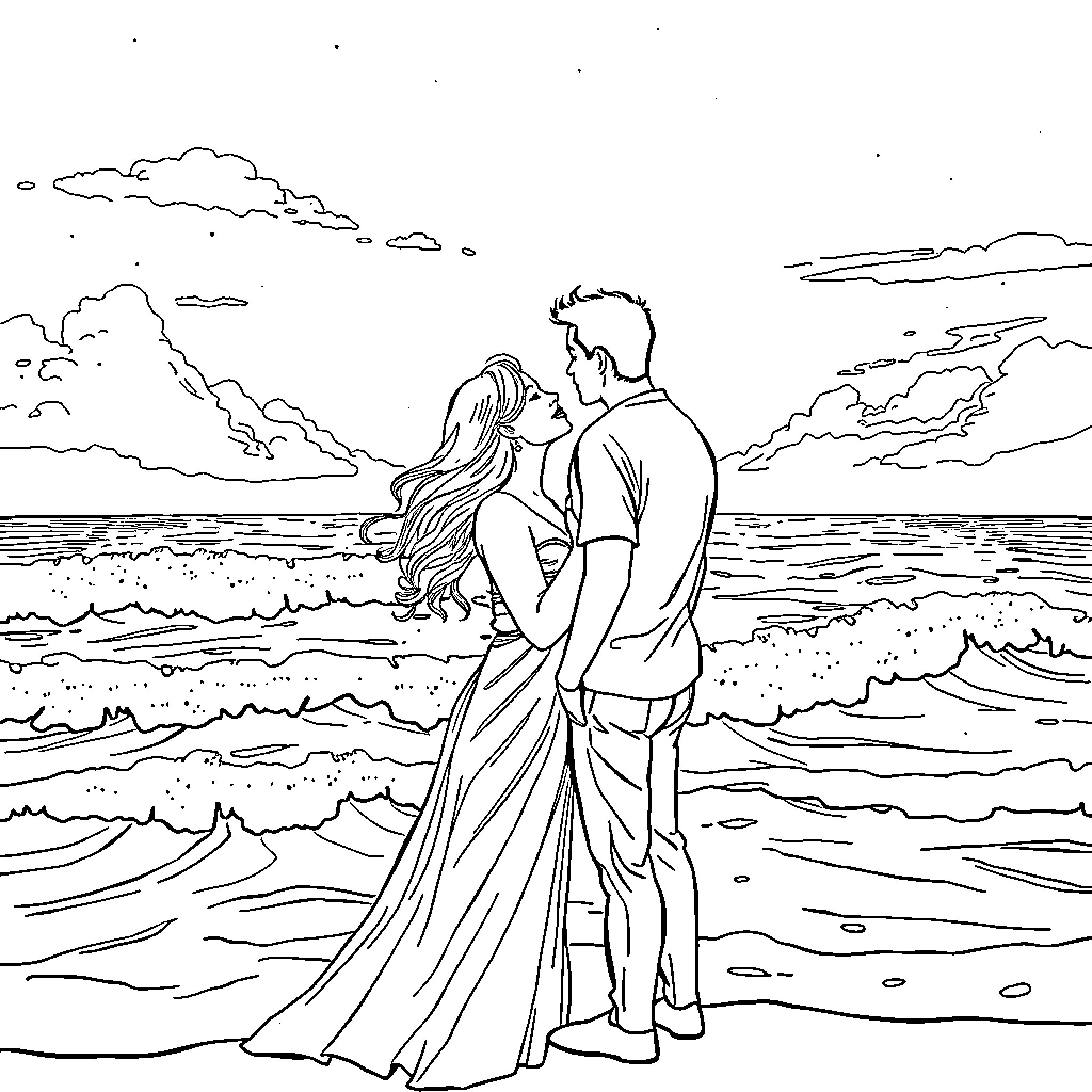 Kiss on the Beach Under Starry Skies Coloring Page (free black-and-white line drawing printable PDF for all, from beginners to advanced learners, including children, teens, adults, and seniors)